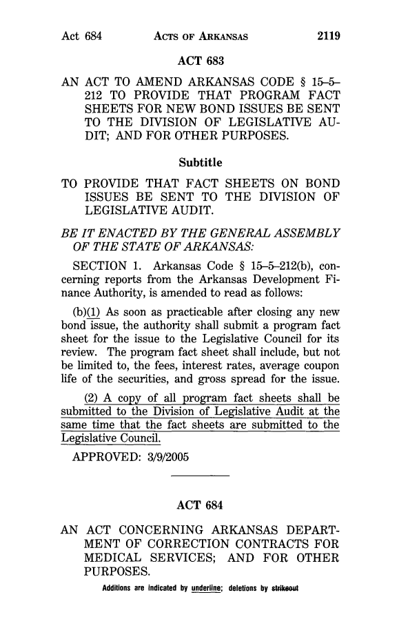 handle is hein.ssl/ssar0018 and id is 1 raw text is: ACTS OF ARKANSAS

ACT 683
AN ACT TO AMEND ARKANSAS CODE § 15-5-
212 TO PROVIDE THAT PROGRAM FACT
SHEETS FOR NEW BOND ISSUES BE SENT
TO THE DIVISION OF LEGISLATIVE AU-
DIT; AND FOR OTHER PURPOSES.
Subtitle
TO PROVIDE THAT FACT SHEETS ON BOND
ISSUES BE SENT TO THE DIVISION OF
LEGISLATIVE AUDIT.
BE IT ENACTED BY THE GENERAL ASSEMBLY
OF THE STATE OF ARKANSAS:
SECTION 1. Arkansas Code § 15-5-212(b), con-
cerning reports from the Arkansas Development Fi-
nance Authority, is amended to read as follows:
(b)(1) As soon as practicable after closing any new
bond issue, the authority shall submit a program fact
sheet for the issue to the Legislative Council for its
review. The program fact sheet shall include, but not
be limited to, the fees, interest rates, average coupon
life of the securities, and gross spread for the issue.
(2) A copy of all program fact sheets shall be
submitted to the Division of Legislative Audit at the
same time that the fact sheets are submitted to the
Legislative Council.
APPROVED: 3/9/2005
ACT 684
AN   ACT CONCERNING ARKANSAS DEPART-
MENT OF CORRECTION CONTRACTS FOR
MEDICAL     SERVICES; AND       FOR   OTHER
PURPOSES.
Additions are indicated by underline; deletions by stikaout

Act 684

2119


