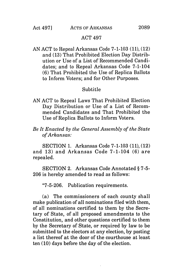 handle is hein.ssl/ssar0029 and id is 1 raw text is: ACTS OF ARKANSAS

ACT 497
AN ACT to Repeal Arkansas Code 7-1-103 (11), (12)
and (13) That Prohibited Election Day Distrib-
ution or Use of a List of Recommended Candi-
dates; and to Repeal Arkansas Code 7-1-104
(6) That Prohibited the Use of Replica Ballots
to Inform Voters; and for Other Purposes.
Subtitle
AN ACT to Repeal Laws That Prohibited Election
Day Distribution or Use of a List of Recom-
mended Candidates and That Prohibited the
Use of Replica Ballots to Inform Voters.
Be It Enacted by the General Assembly of the State
of Arkansas:
SECTION 1. Arkansas Code 7-1-103 (11), (12)
and 13) and Arkansas Code 7-1-104 (6) are
repealed.
SECTION 2. Arkansas Code Annotated § 7-5-
206 is hereby amended to read as follows:
7-5-206. Publication requirements.
(a) The commissioners of each county shall
make publication of all nominations filed with them,
of all nominations certified to them by the Secre-
tary of State, of all proposed amendments to the
Constitution, and other questions certified to them
by the Secretary of State, or required by law to be
submitted to the electors at any election, by posting
a list thereof at the door of the courthouse at least
ten (10) days before the day of the election.

Act 497]

2089


