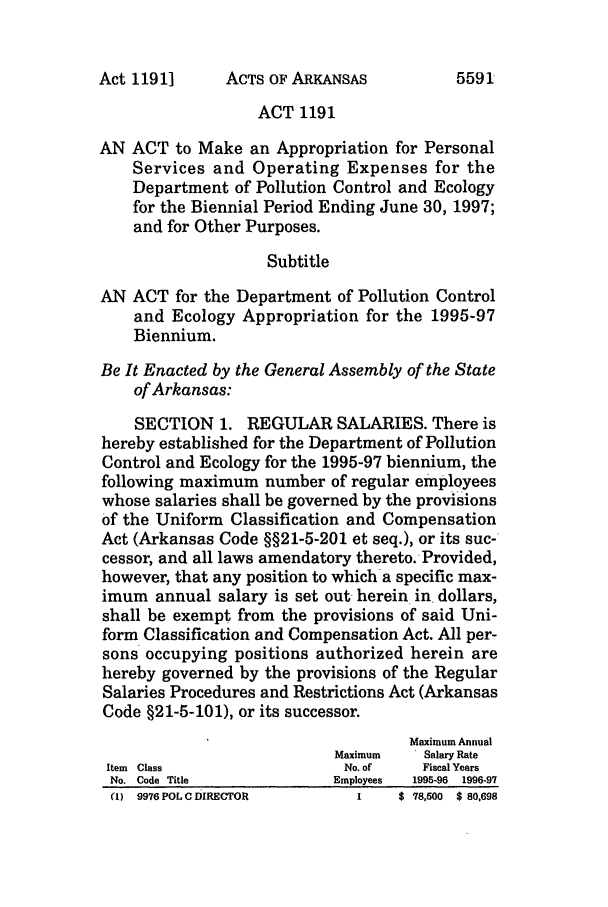 handle is hein.ssl/ssar0032 and id is 1 raw text is: ACTS OF ARKANSAS

ACT 1191
AN ACT to Make an Appropriation for Personal
Services and Operating Expenses for the
Department of Pollution Control and Ecology
for the Biennial Period Ending June 30, 1997;
and for Other Purposes.
Subtitle
AN ACT for the Department of Pollution Control
and Ecology Appropriation for the 1995-97
Biennium.
Be It Enacted by the General Assembly of the State
of Arkansas:
SECTION 1. REGULAR SALARIES. There is
hereby established for the Department of Pollution
Control and Ecology for the 1995-97 biennium, the
following maximum number of regular employees
whose salaries shall be governed by the provisions
of the Uniform Classification and Compensation
Act (Arkansas Code §§21-5-201 et seq.), or its suc-
cessor, and all laws amendatory thereto. Provided,
however, that any position to which a specific max-
imum annual salary is set out herein in dollars,
shall be exempt from the provisions of said Uni-
form Classification and Compensation Act. All per-
sons occupying positions authorized herein are
hereby governed by the provisions of the Regular
Salaries Procedures and Restrictions Act (Arkansas
Code §21-5-101), or its successor.
Maximum Annual
Maximum    Salary Rate
Item  Class                 No. of   Fiscal Years
No. Code Title            Employees  1995-96  1996-97
(1) 9976 POL C DIRECTOR      1    $ 78,500 $ 80,698

Act 1191]

5591


