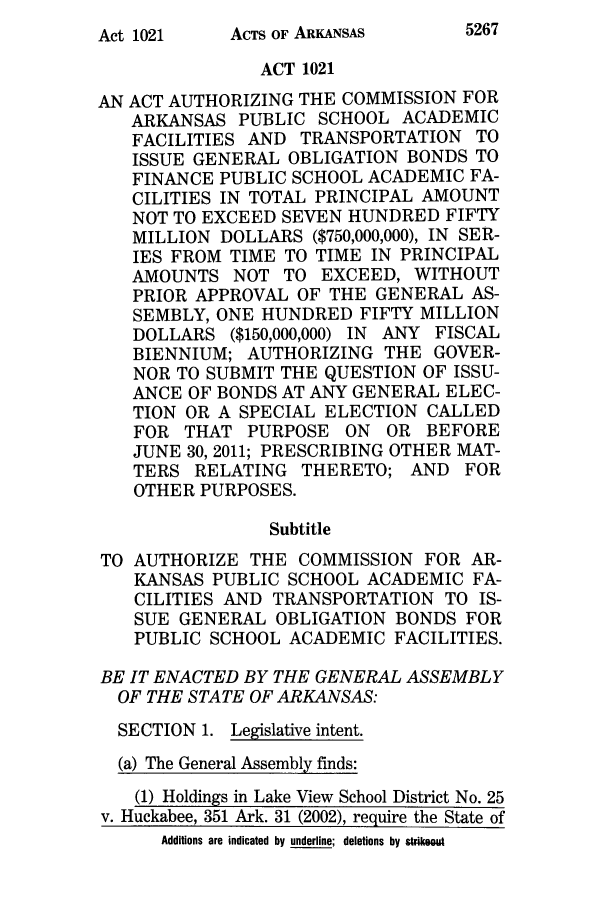 handle is hein.ssl/ssar0054 and id is 1 raw text is: 5267

ACTS OF ARKANSAS

ACT 1021
AN ACT AUTHORIZING THE COMMISSION FOR
ARKANSAS PUBLIC SCHOOL ACADEMIC
FACILITIES AND TRANSPORTATION TO
ISSUE GENERAL OBLIGATION BONDS TO
FINANCE PUBLIC SCHOOL ACADEMIC FA-
CILITIES IN TOTAL PRINCIPAL AMOUNT
NOT TO EXCEED SEVEN HUNDRED FIFTY
MILLION DOLLARS ($750,000,000), IN SER-
IES FROM TIME TO TIME IN PRINCIPAL
AMOUNTS NOT TO EXCEED, WITHOUT
PRIOR APPROVAL OF THE GENERAL AS-
SEMBLY, ONE HUNDRED FIFTY MILLION
DOLLARS ($150,000,000) IN ANY FISCAL
BIENNIUM; AUTHORIZING THE GOVER-
NOR TO SUBMIT THE QUESTION OF ISSU-
ANCE OF BONDS AT ANY GENERAL ELEC-
TION OR A SPECIAL ELECTION CALLED
FOR THAT PURPOSE ON OR BEFORE
JUNE 30, 2011; PRESCRIBING OTHER MAT-
TERS RELATING THERETO; AND FOR
OTHER PURPOSES.
Subtitle
TO AUTHORIZE THE COMMISSION FOR AR-
KANSAS PUBLIC SCHOOL ACADEMIC FA-
CILITIES AND TRANSPORTATION TO IS-
SUE GENERAL OBLIGATION BONDS FOR
PUBLIC SCHOOL ACADEMIC FACILITIES.
BE IT ENACTED BY THE GENERAL ASSEMBLY
OF THE STATE OF ARKANSAS:
SECTION 1. Legislative intent.
(a) The General Assembly finds:
(1) Holdings in Lake View School District No. 25
v. Huckabee, 351 Ark. 31 (2002), require the State of
Additions are indicated by underline; deletions by stuikeoif

Act 1021


