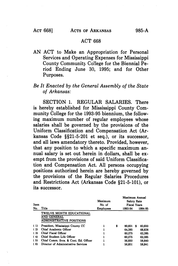 handle is hein.ssl/ssar0064 and id is 1 raw text is: ACTS OF ARKANSAS

ACT 668
AN ACT to Make an Appropriation for Personal
Services and Operating Expenses for Mississippi
County Community College for the Biennial Pe-
riod Ending June 30, 1995; and for Other
Purposes.
Be It Enacted by the General Assembly of the State
of Arkansas:
SECTION 1. REGULAR SALARIES. There
is hereby established for Mississippi County Com-
munity College for the 1993-95 biennium, the follow-
ing maximum number of regular employees whose
salaries shall be governed by the provisions of the
Uniform Classification and Compensation Act (Ar-
kansas Code §§21-5-201 et seq.), or its successor,
and all laws amendatory thereto. Provided, however,
that any position to which a specific maximum an-
nual salary is set out herein in dollars, shall be ex-
empt from the provisions of said Uniform Classifica-
tion and Compensation Act. All persons occupying
positions authorized herein are hereby governed by
the provisions of the Regular Salaries Procedures
and Restrictions Act (Arkansas Code §21-5-101), or
its successor.
Maximum Annual
Maximum      Salcry Rate
Item                           No. of      Fiscal Years
No.  Title                   Employees   1993-94  1994-95
TWELVE MONTH EDUCATIONAL
AND GENERAL
ADMINISTRATIVE POSITIONS
1)  President, Mississippi County CC  1  $  80,821  $  83,650
2)  Chief Academic Officer     1         64,385  66,638
3)  Chief Fiscal Officer       1         60,275  62,385
4)  Chief Student Life Officer  1        60,275  62,385
5)  Chief Comm. Svcs. & Cont. Ed. Officer  1  56,850  58,840
6)  Director of Administrative Services  1  56,851  58,841

ACT 668]

985-A


