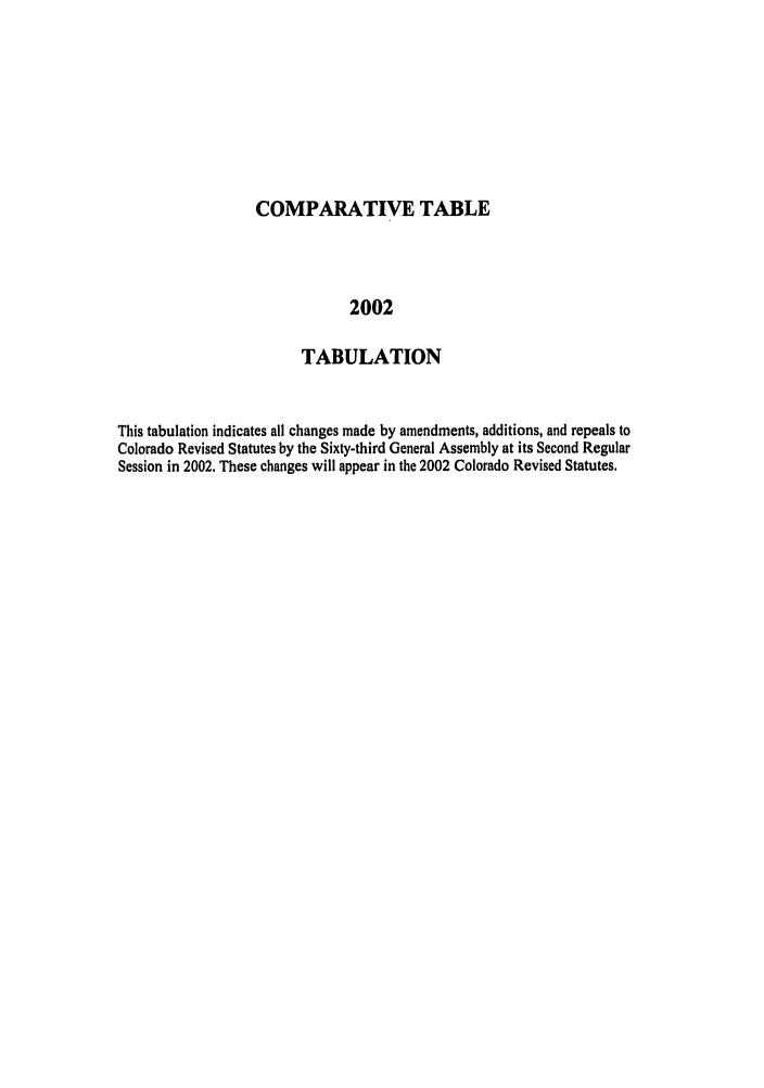 handle is hein.ssl/ssco0012 and id is 1 raw text is: COMPARATIVE TABLE
2002
TABULATION

This tabulation indicates all changes made by amendments, additions, and repeals to
Colorado Revised Statutes by the Sixty-third General Assembly at its Second Regular
Session in 2002. These changes will appear in the 2002 Colorado Revised Statutes.


