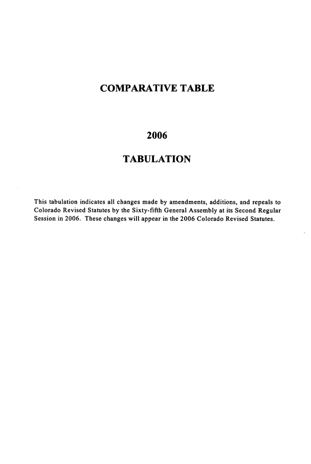 handle is hein.ssl/ssco0030 and id is 1 raw text is: COMPARATIVE TABLE
2006
TABULATION

This tabulation indicates all changes made by amendments, additions, and repeals to
Colorado Revised Statutes by the Sixty-fifth General Assembly at its Second Regular
Session in 2006. These changes will appear in the 2006 Colorado Revised Statutes.


