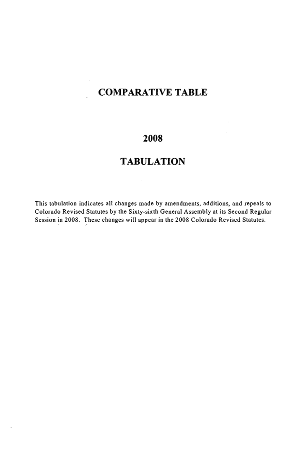 handle is hein.ssl/ssco0055 and id is 1 raw text is: COMPARATIVE TABLE
2008
TABULATION

This tabulation indicates all changes made by amendments, additions, and repeals to
Colorado Revised Statutes by the Sixty-sixth General Assembly at its Second Regular
Session in 2008. These changes will appear in the 2008 Colorado Revised Statutes.


