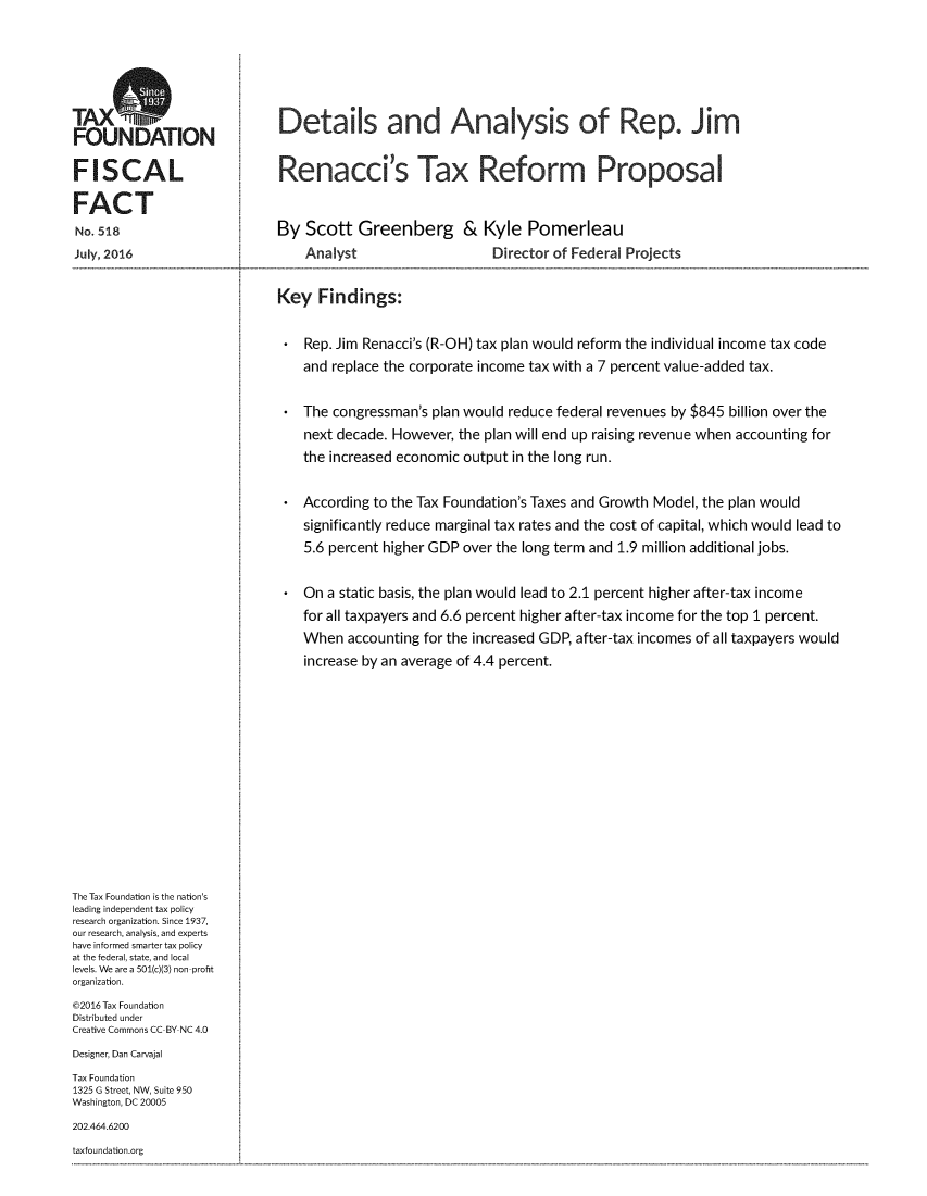 handle is hein.taxfoundation/dajmrentx0001 and id is 1 raw text is: 





TAXO
FOUNDATION                   Details and Analysis of Rep. Jim

FISCAL                       Renacci's Tax Reform Proposal

FACT
No. 518                      By  Scott   Greenberg & Kyle Pomerleau
July, 2016                       Analyst                    Director of Federal Projects

                             Key   Findings:

                                 Rep. Jim Renacci's (R-OH) tax plan would reform the individual income tax code
                                 and replace the corporate income tax with a 7 percent value-added tax.

                                 The congressman's plan would reduce federal revenues by $845 billion over the
                                 next decade. However, the plan will end up raising revenue when accounting for
                                 the increased economic output in the long run.

                                 According to the Tax Foundation's Taxes and Growth Model, the plan would
                                 significantly reduce marginal tax rates and the cost of capital, which would lead to
                                 5.6 percent higher GDP over the long term and 1.9 million additional jobs.

                                 On a static basis, the plan would lead to 2.1 percent higher after-tax income
                                 for all taxpayers and 6.6 percent higher after-tax income for the top 1 percent.
                                 When  accounting for the increased GDP, after-tax incomes of all taxpayers would
                                 increase by an average of 4.4 percent.













The Tax Foundation is the nation's
leading independent tax policy
research organization. Since 1937,
our research, analysis, and experts
have informed smarter tax policy
at the federal, state, and local
levels. We are a 501(c)(3) non-profit
organization.
@2016 Tax Foundation
Distributed under
Creative Commons CC-BY NC 4.0
Designer, Dan Carvajal
Tax Foundation
1325 G Street, NW, Suite 950
Washington, DC 20005
202.464.6200
taxfoundation.org


