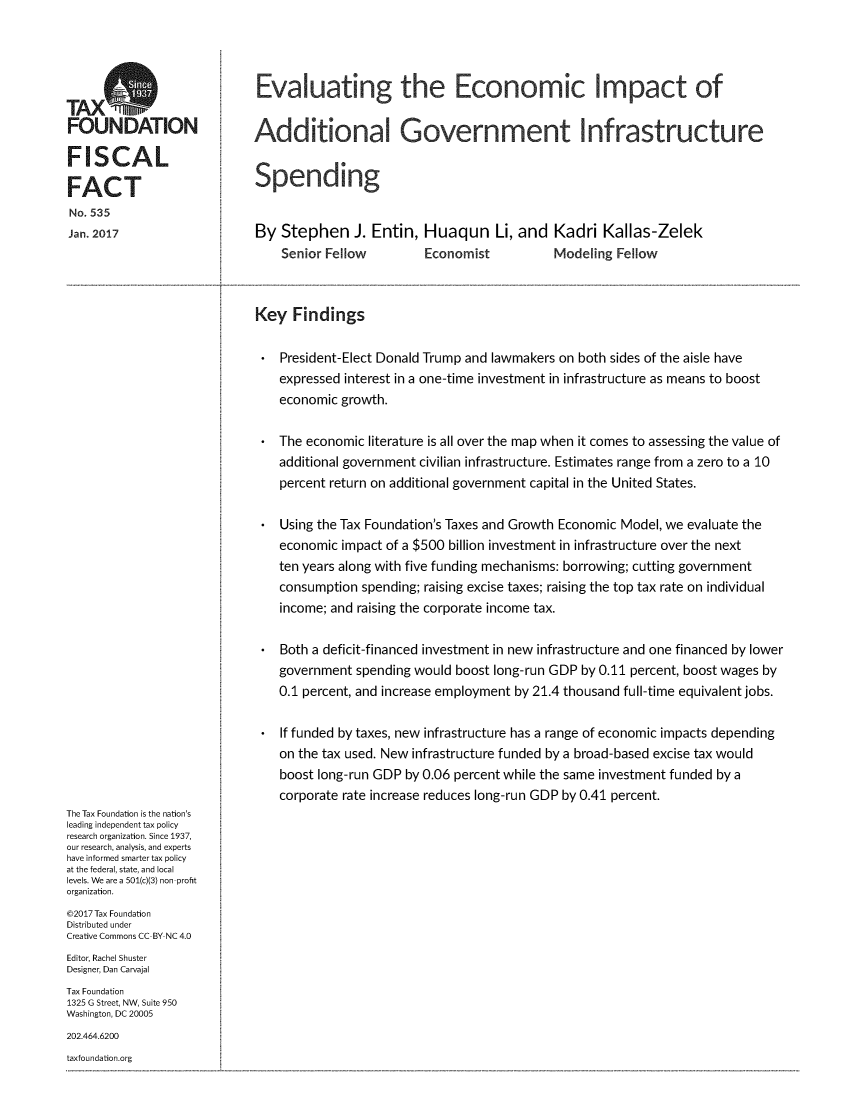 handle is hein.taxfoundation/evcoimgfs0001 and id is 1 raw text is: 






FOUNDATION

FISCAL

FACT
No. 535
Jan. 2017


Evaluating the Economic Impact of


Additional Government Infrastructure


Spending


By Stephen J. Entin, Huaqun Li, and Kadri Kallas-Zelek
     Senior Fellow         Economist          Modeling Fellow

..................................................................................................................................................................................................................................................................................................................................................................................................

Key Findings

     President-Elect Donald Trump and lawmakers on both sides of the aisle have
     expressed interest in a one-time investment in infrastructure as means to boost
     economic growth.

     The economic literature is all over the map when it comes to assessing the value of
     additional government civilian infrastructure. Estimates range from a zero to a 10
     percent return on additional government capital in the United States.

     Using the Tax Foundation's Taxes and Growth Economic Model, we evaluate the
     economic impact of a $500 billion investment in infrastructure over the next
     ten years along with five funding mechanisms: borrowing; cutting government
     consumption spending; raising excise taxes; raising the top tax rate on individual
     income; and raising the corporate income tax.

     Both a deficit-financed investment in new infrastructure and one financed by lower
     government spending would boost long-run GDP by 0.11 percent, boost wages by
     0.1 percent, and increase employment by 21.4 thousand full-time equivalent jobs.

     If funded by taxes, new infrastructure has a range of economic impacts depending
     on the tax used. New infrastructure funded by a broad-based excise tax would
     boost long-run GDP by 0.06 percent while the same investment funded by a
     corporate rate increase reduces long-run GDP by 0.41 percent.


The Tax Foundation is the nation's
leading independent tax policy
research organization. Since 1937,
our research, analysis, and experts
have informed smarter tax policy
at the federal, state, and local
levels. We are a 501(c)(3) non profit
organization.
©2017 Tax Foundation
Distributed under
Creative Commons CC BY NC 4.0
Editor, Rachel Shuster
Designer, Dan Carvajal
Tax Foundation
1325 G Street, NW, Suite 950
Washington, DC 20005
202.464.6200


taxfoundation.org


