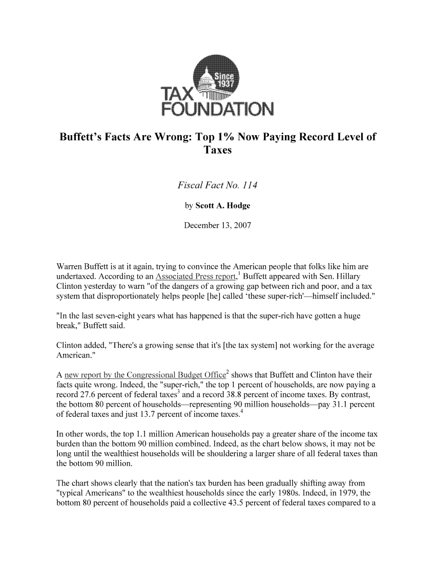 handle is hein.taxfoundation/ffbbexz0001 and id is 1 raw text is: FOUNDATION
Buffett's Facts Are Wrong: Top 1% Now Paying Record Level of
Taxes
Fiscal Fact No. 114
by Scott A. Hodge
December 13, 2007
Warren Buffett is at it again, trying to convince the American people that folks like him are
undertaxed. According to an Associated Press report,' Buffett appeared with Sen. Hillary
Clinton yesterday to warn of the dangers of a growing gap between rich and poor, and a tax
system that disproportionately helps people [he] called 'these super-rich'-himself included.
In the last seven-eight years what has happened is that the super-rich have gotten a huge
break, Buffett said.
Clinton added, There's a growing sense that it's [the tax system] not working for the average
American.
A ni'ew repor:!±y1--tlhiefoi e L essio.na--h[3udget (-{-fic-e2 shows that Buffett and Clinton have their
facts quite wrong. Indeed, the super-rich, the top 1 percent of households, are now paying a
record 27.6 percent of federal taxes3 and a record 38.8 percent of income taxes. By contrast,
the bottom 80 percent of households-representing 90 million households-pay 31.1 percent
of federal taxes and just 13.7 percent of income taxes.4
In other words, the top 1.1 million American households pay a greater share of the income tax
burden than the bottom 90 million combined. Indeed, as the chart below shows, it may not be
long until the wealthiest households will be shouldering a larger share of all federal taxes than
the bottom 90 million.
The chart shows clearly that the nation's tax burden has been gradually shifting away from
typical Americans to the wealthiest households since the early 1980s. Indeed, in 1979, the
bottom 80 percent of households paid a collective 43.5 percent of federal taxes compared to a


