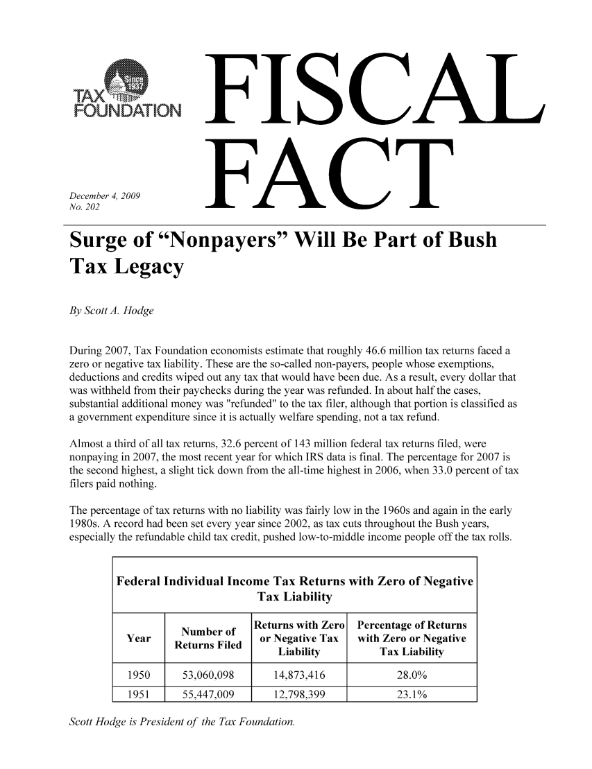 handle is hein.taxfoundation/ffcacxz0001 and id is 1 raw text is: OUNDATION
December 4, 2009
No. 202

FISCAL
FACT

Surge of Nonpayers Will Be Part of Bush
Tax Legacy
By Scott A. Hodge
During 2007, Tax Foundation economists estimate that roughly 46.6 million tax returns faced a
zero or negative tax liability. These are the so-called non-payers, people whose exemptions,
deductions and credits wiped out any tax that would have been due. As a result, every dollar that
was withheld from their paychecks during the year was refunded. In about half the cases,
substantial additional money was refunded to the tax filer, although that portion is classified as
a government expenditure since it is actually welfare spending, not a tax refund.
Almost a third of all tax returns, 32.6 percent of 143 million federal tax returns filed, were
nonpaying in 2007, the most recent year for which IRS data is final. The percentage for 2007 is
the second highest, a slight tick down from the all-time highest in 2006, when 33.0 percent of tax
filers paid nothing.
The percentage of tax returns with no liability was fairly low in the 1960s and again in the early
1980s. A record had been set every year since 2002, as tax cuts throughout the Bush years,
especially the refundable child tax credit, pushed low-to-middle income people off the tax rolls.

Federal Individual Income Tax Returns with Zero of Negative
Tax Liability
Number of    Returns with Zero  Percentage of Returns
Year    Returns Filed  or Negative Tax  with Zero or Negative
Liability         Tax Liability
1950     53,060,098      14,873,416            28.0%
1951     55,447,009      12,798,399            23.1%

Scott Hodge is President of the Tax Foundation.


