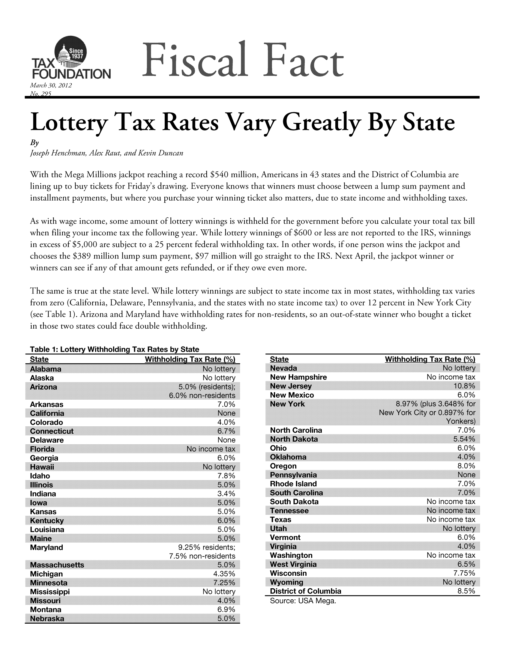 handle is hein.taxfoundation/ffcjfxz0001 and id is 1 raw text is: FOUNDATION1
March 30, 2012
No. 295

Lottery Tax Rates Vary Greatly By State
By
Joseph Henchman, Alex Raut, and Kevin Duncan
With the Mega Millions jackpot reaching a record $540 million, Americans in 43 states and the District of Columbia are
lining up to buy tickets for Friday's drawing. Everyone knows that winners must choose between a lump sum payment and
installment payments, but where you purchase your winning ticket also matters, due to state income and withholding taxes.
As with wage income, some amount of lottery winnings is withheld for the government before you calculate your total tax bill
when filing your income tax the following year. While lottery winnings of $600 or less are not reported to the IRS, winnings
in excess of $5,000 are subject to a 25 percent federal withholding tax. In other words, if one person wins the jackpot and
chooses the $389 million lump sum payment, $97 million will go straight to the IRS. Next April, the jackpot winner or
winners can see if any of that amount gets refunded, or if they owe even more.
The same is true at the state level. While lottery winnings are subject to state income tax in most states, withholding tax varies
from zero (California, Delaware, Pennsylvania, and the states with no state income tax) to over 12 percent in New York City
(see Table 1). Arizona and Maryland have withholding rates for non-residents, so an out-of-state winner who bought a ticket
in those two states could face double withholding.

Table 1: Lottery Withholding Tax

State
................................................................................
................................................................................
................................................................................
................................................................................
...............................................
................................................
..........................................
..........................................
.....                .       ..  .    ..........................................
..........................................
.. ... .. ..........................................
.........................................
................................................................................
................................................................................
................................................................................
New Hampshire
................................................................................
................................................................................
................................................................................
...............................
................................                               .................

Withholding Tax Rate M%)
No income tax
10.8%
6A/

Arkansas
Cal..   ifo    ia. [[[[[[[[[[[[[[[[[[[[[[[[[[[
Colorado
Delaware
Georgia
. . . . . . . . ....... ... .......................................... .
................................................ ..................................................
H...............................
Idaho
Indiana
Kansas
. . . . . . . . . . .......................................................
Louisiana
Maryland
.Michigan             ..................
Mississippi
..............................................................................................
Montana
N    e  b r a sa..................................... ........................
.................................... .... ............................. .
L  ouiiii i  i a n a iiiiiiiiiiiiiiiiiiiiiiiiiii

...............................................................................................................................
.............................................................................................................................. ..
...............................................................               .   . .  . .  . .  . .  . . .
...............................................................................................................................
.............................................................................................................................. ..
4.0%
........................................................................................
...............................................................................................................................
.............................................................................................................................. ..
...............................................................................................................  . .........
...............................................................iiiiiiiiiiiiiiiiiiiiiiiiiiiii iiia i~      ii
...............................................................
.............................................................................................................................. ..
.............................................................................................................................. ..
.......................................................................................
.............................................................................iiiiiiiiiiiiiiiiiiiiiiiii .........~ i

North Carolina
..................................................................................................
..................................................................................................
..................................................................................................
..................................................................................................
...........
..............................
..................................................................................................
..................................................................................................
..................................................................................................
..................................................................................................
Ohio
..................................................................................................
..................................................................................................
..................................................................................................
..................................................................................................
.................................................................
..................................................................
...............................................
................................................
................................................
...............................................
..............................................
w       .... o   :       a     :**************************************************************
..................................................................................................
..................................................................................................
..................................................................................................
Oregon
..................................................................................................
..................................................................................................
..................................................................................................
................................................................................................................................
...................................
...........................
s M*.a::n:i::a:*.......................................................................,
.....  ..  ......................
Rhode Island
..................................................................................................
..................................................................................................
..................................................................................................
.................................
...........................
01A
...........................
............................
...........................
.. ............................
...........................
......  ............. 8  ...........................
..................................................................................................
..................................................................................................
..................................................................................................
South Dakota
..................................................................................................
..................................................................................................
..................................................................................................
..................................................................................................
..................................................................
................................
............................................
.............................................
.............................................
..................................................................................................
..................................................................................................
..................................................................................................
Texas
..................................................................................................
..................................................................................................
..................................................................................................
..................................................................................................
:*i*ilj:*&  i: *******..........................................................................................................................................
.....................................................................
........................................................................
......................................                              .....
..................................................................................................
..................................................................................................
..................................................................................................
Vermont
..................................................................................................
..................................................................................................
..................................................................................................
..................................................................................................
..............................
............................................................
.....................................................
:...Jr               j
::.:i:i i C-
...................................................................
Washington
..................................................................................................
..................................................................................................
..................................................................................................
.....................................
...................................
..................................
...................................
...................................
r        in      j        ..................................
....      ..........      ...................................
.....  .  ........... a  ...................................
..................................   ....      ...................................................
................................
Wisconsin
..................................................................................................
..................................................................................................
..................................................................................................
..................................................................................................
..............................
.... .       Y    o                            ................................
. ................................
...................................................
..      .....  ..............     ....................................................
....................................................
District of Columbia
Source: USA Mega.

I.U%
............................................................................................................................................................................
............................................................................................................................................................................
............................................................................................................................................................................
............................................................................................................................................................................
..........................................................................................................................................................
..............................................................................................................................
..............................................................................................................................
..............................................................................................................................
..............................................................................................................................  ...........  ....
..............................................................................................................................  ..........
..............................................................................................................................  ...........  ..  ....  ..  .  .  ......
..............................................................................................................................  ..............  .......
...........................................................................................................................................  ..  ...        ......
..............................................................................................................................
5:54*--Y--:::O-:************
...............................................................................................
............................................................................................................................................................................
............................................................................................................................................................................
............................................................................................................................................................................
............................................................................................................................................................................
6.0%
............................................................................................................................................................................
............................................................................................................................................................................
............................................................................................................................................................................
............................................................................................................................................................................
..............................................................................................................................
..............................................................................................................................
.................................................................................................................................
..............................................................................................................................                            ........
..............................................................................................                                                       H
...............................................................................................  ...............................                     .  I  .  ......
..................................                           .  .   ......
.................................................................................................................................                    .  .   ......
................................................................................................................................                        ..  ......
.................................................................................................................................       4     0      .  ...  ......
............................................................................................................................................................................
............................................................................................................................................................................
............................................................................................................................................................................
8.0%
............................................................................................................................................................................
............................................................................................................................................................................
............................................................................................................................................................................
............................................................................................................................................................................
..............................................................................................................................               ......................
....................................................................................................................................
........................................................................................................................
..............................................................................................................................                        .      .....
..............................................................................................................................
.................  ......
.............. e  .........
............................................................................................................................................................................
............................................................................................................................................................................
............................................................................................................................................................................
7.0%
............................................................................................................................................................................
............................................................................................................................................................................
............................................................................................................................................................................
.........................................................................................................              ..................   ...
...............................................................................................
...............................                     .               .....
................................................................................................................................................  ...       ......
.............................................................................................................................. *** ...............  ...  .  ......
................................................................................................................................................  ...       ......
................................................................................................................................................  ...  .    ......
................................................................................................................................................  ...       ......
...............................................................................................  .............................................  ...  .      ......
................................................................................................................................................  ...       ......
.......................................................................................................................................
................................  .......                  ...............................                                    ......
..........................................................................................................
............................................................................................................................................................................
............................................................................................................................................................................
............................................................................................................................................................................
............................................................................................................................................................................
No income tax
............................................................................................................................................................................
............................................................................................................................................................................
............................................................................................................................................................................
............................................................................................................................................................................
...............................................................................................
..........................................................................................                                              .  .......  .....  ..........
...............................................................................................
..............................................................................................                                         ..: .......  ................
...............................................................................................
..............................................................................................  .......                                                 X   : ......
...........
In                            ...            ......
...............................................................................................  ...           ...
............................................................................................................................................................................
............................................................................................................................................................................
............................................................................................................................................................................
No income tax
............................................................................................................................................................................
............................................................................................................................................................................
............................................................................................................................................................................
............................................................................................................................................................................
..............................................................................................
..........................................................................................                                                .      ..................
................................................................................    .....
................................................................................
..............................................................................................................................
................
..............................................................              .............................................
.............   ........
..................................................... ..
............................................................................................................................................  .  ....  ......  ......
.............................................................................................................................................  .  ...  .....  .....
6.0%
............................................................................................................................................................................
............................................................................................................................................................................
............................................................................................................................................................................
..............................................................................................................................................................  ......
..............................................................................................................................................              ......
............................................................................................................................................
............................................................................................................................ .
.........................................................................................................................
.....                                     ......
.......................................                     ...............................
........................................................................................................................................................    ......
............................................................................................................................................................................
............................................................................................................................................................................
............................................................................................................................................................................
No income tax
............................................................................................................................................................................
............................................................................................................................................................................
............................................................................................................................................................................
...............................................................................................................................................................  ......
..............................................................................................................................  ........ ******             ......
..............................................................................................................................  ..............
...............................................................................................................................

.............................................................................................................................................................................................................................................................................
............................................................................................................................................................................................................................................................................
.............................................................................................................................................................................................................................................................................

F 0
iscal Fact


