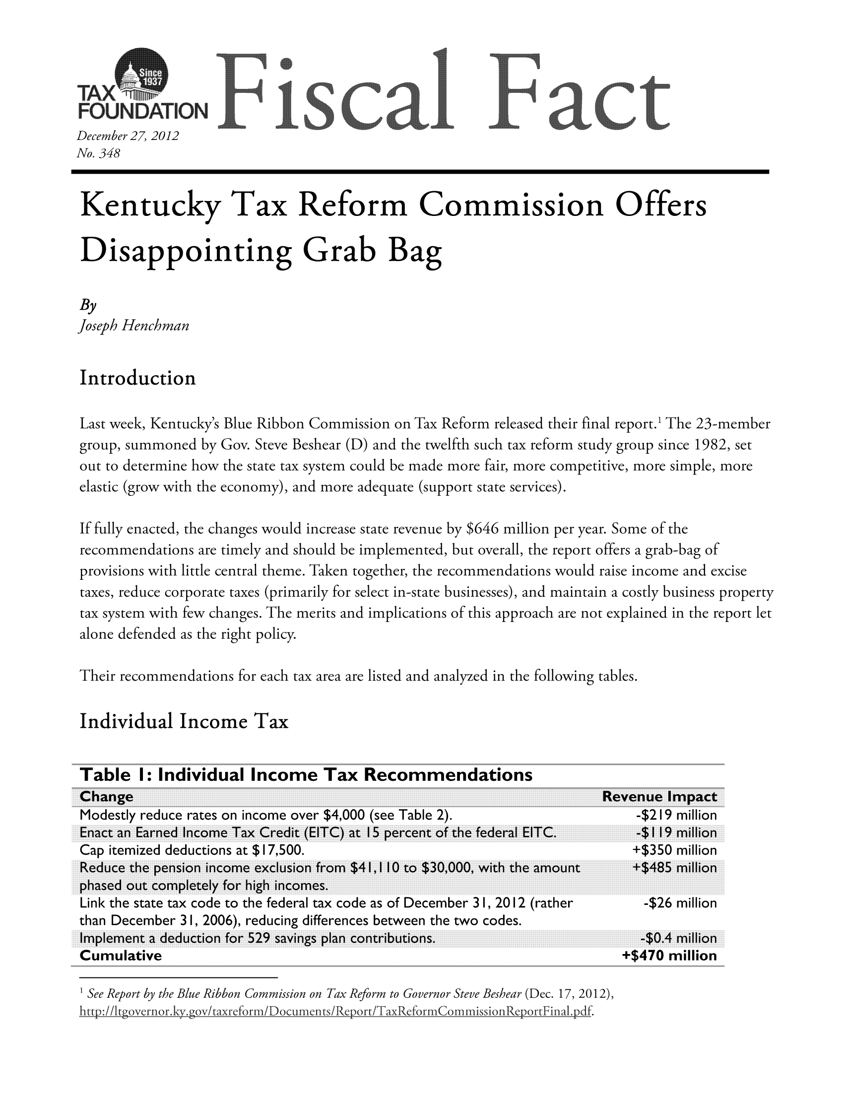 handle is hein.taxfoundation/ffdeixz0001 and id is 1 raw text is: TAX
December 27, 2012
No. 348
Kentucky Tax Reform Commission Offers
Disappointing Grab Bag
By
Joseph Henchman
Introduction
Last week, Kentucky's Blue Ribbon Commission on Tax Reform released their final report.1 The 23-member
group, summoned by Gov. Steve Beshear (D) and the twelfth such tax reform study group since 1982, set
out to determine how the state tax system could be made more fair, more competitive, more simple, more
elastic (grow with the economy), and more adequate (support state services).
If fully enacted, the changes would increase state revenue by $646 million per year. Some of the
recommendations are timely and should be implemented, but overall, the report offers a grab-bag of
provisions with little central theme. Taken together, the recommendations would raise income and excise
taxes, reduce corporate taxes (primarily for select in-state businesses), and maintain a costly business property
tax system with few changes. The merits and implications of this approach are not explained in the report let
alone defended as the right policy.
Their recommendations for each tax area are listed and analyzed in the following tables.
Individual Income Tax
Table I: Individual Income Tax Recommendations
Modestly reduce rates on income over $4,000 (see Table 2).                 -$219 million
Cap itemized deductions at $17,500.                                        +$350 million
Linlk the state tax code to the federal tax code as of December 31I, 2012 (rather  -$26 million
than December 31I, 2006), reducing differences between the two codes.
Cumulative                                                                +$470 million

1 See Report by the Blue Ribbon Commission on Tax Reform to Governor Steve Beshear (Dec. 17, 2012),
httap//:Itgovrnorkygov/taxreform/Documents/Re1ort/TIaxIoeformCommissi onRelortFina .df.


