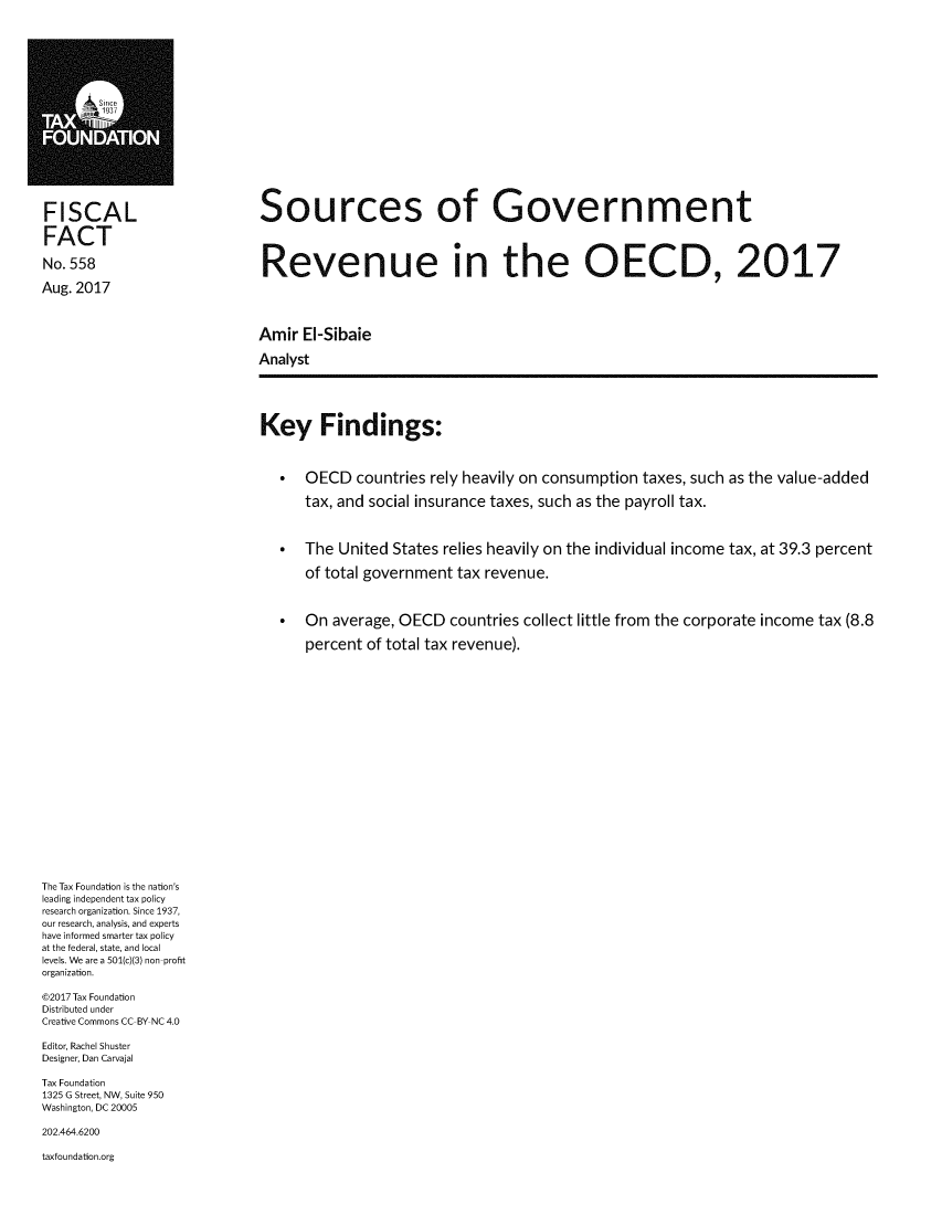 handle is hein.taxfoundation/sougvtred0001 and id is 1 raw text is: 



















FISCAL

FACT

No. 558

Aug. 2017


Sources of Government




Revenue in the OECD, 2017





Amir EI-Sibaie

Analyst


Key Findings:


 OECD countries rely heavily on consumption taxes, such as the value-added

   tax, and social insurance taxes, such as the payroll tax.



 The United States relies heavily on the individual income tax, at 39.3 percent

   of total government tax revenue.



 On average, OECD countries collect little from the corporate income tax (8.8

   percent of total tax revenue).


The Tax Foundation is the nation's
leading independent tax policy
research organization. Since 1937,
our research, analysis, and experts
have informed smarter tax policy
at the federal, state, and local
levels. We are a 501(c)(3) non profit
organization.

©2017 Tax Foundation
Distributed under
Creative Commons CC BY NC 4.0

Editor, Rachel Shuster
Designer, Dan Carvajal

Tax Foundation
1325 G Street, NW, Suite 950
Washington, DC 20005

202.464.6200

taxfoundation.org


