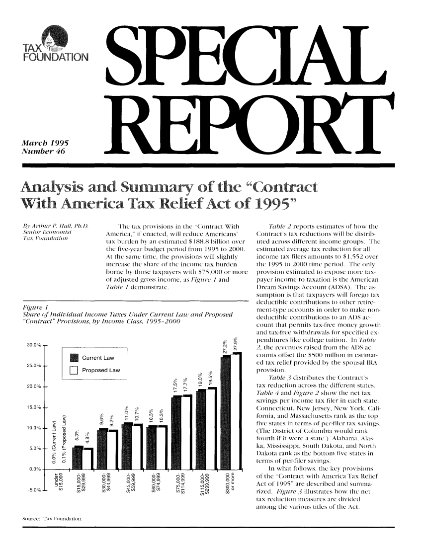 handle is hein.taxfoundation/sregxz0001 and id is 1 raw text is: FOUN DAT ION
March 1995
Number 46

Analysis and Surnny of the Contract
With America TxR ii f Act of 1995

The tax provisions in the Contract With
America, if enacted, will reduce Americans'
tax burden by an estimated $ 188.8 billion over
the five-year budget period from 1995 to 2000.
At the same time, the provisions will slightly
increase the share of the income tax burden
bornc by those taxpayers with $75,000 or more
of adjusted gross income, as Fire I and
T'able I demonstrate.

Figure 1
Share of Individual Income Jaxes Under Current Law and Proposed
Contract Provisions, by Income (lass, 1995-2000
30.0%                                                0  0
* Current Law
25.000-
D   Proposed Law
20.0%.                                    N
15.0% -
;                            .           L3 ¢
10.0%_  as
o
5.0% -
0.0%-
6a.      6c 066)             6c)   6)
5.MI00o                       )    cl(    0 0
0                  c0      53    0     5 o0   q
-5.0%
(n 0)u                     u-5 0

Table 2 reports estimates of how the
Contract's tax reductions will be distrib-
Utcd across different income groups. The
estimated average tax reduction for all
income tax filers amounts to $1,552 over
the 1995 to 2000 time period. The only
provision estimated to expose more tax-
payer income to taxation is the American
l)ream Savings Account (AI)SA). The as-
stImption is that taxpayers will forego tax
deductible contributions to other retire-
nentt-type accounts in order to make non-
deductible contributions to an ADS ac-
count that permits tax-free money growth
and tax-free withdrawals for specified ex-
penditures like college tuition. In Table
2, the revenues raised from the ADS ac-
counts offset the $500 million in estimat-
ecl tax relief provided by the spousal IRA
provision.
Table -3 distributes the Contract's
tax red uction across the different states.
7able 4 and Figure 2 show the net tax
savings per income tax filer in each state.
Connecticut, New Jersey, New York, Cali-
fornia, and Massachusetts rank as the top
five states in terms of per-filer tax savings,
(The District of' (.olimbia would rank
fourth if it were a state.) Alabama, Alas-
ka, %Mississippi, South l)akota, and North
l)akota rank as the bottom five states in
terms of per-filer savings.
In what follows, the key provisions
of the Contract with America Tax Relief
Act of' 1995 are described and summa-
rized. Figure -3 illustrates how the net
tax reduction measures are divided
among the various titles of the Act.

SO11fCC lix ;I OIIItldaiot).

13j' Arthur P. IlMll, PhDI).
T[ifx Folulldatioln


