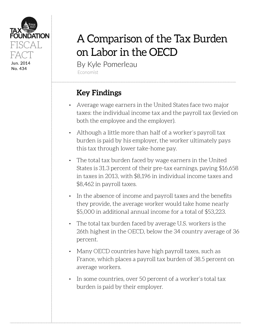 handle is hein.taxfoundation/taxfaae0001 and id is 1 raw text is: TAX(%
FOUNDATION A Comparison of the Tax Burden
on Labor in the OECD
Jun. 2014            By Kyle Pormerleau
No. 434
Economist
Key Findings
* Average wage earners in the United States face two major
taxes: the individual income tax and the payroll tax (levied on
both the employee and the employer).
* Although a little more than half of a worker's payroll tax
burden is paid by his employer, the worker ultimately pays
this tax through lower take-home pay.
* The total tax burden faced by wage earners in the United
States is 31.3 percent of their pre-tax earnings, paying $16,658
in taxes in 2013, with $8,196 in individual income taxes and
$8,462 in payroll taxes.
* In the absence of income and payroll taxes and the benefits
they provide, the average worker would take home nearly
$5,000 in additional annual income for a total of $53,223.
* The total tax burden faced by average U.S. workers is the
26th highest in the OECD, below the 34 country average of 36
percent.
* Many OECD countries have high payroll taxes, such as
France, which places a payroll tax burden of 38.5 percent on
average workers.
* In some countries, over 50 percent of a worker's total tax
burden is paid by their employer.


