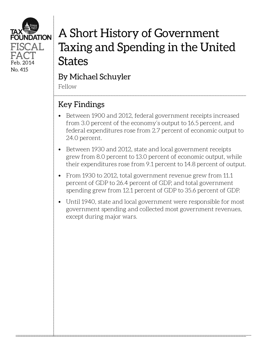 handle is hein.taxfoundation/taxfaax0001 and id is 1 raw text is: TAX 
FOUNDATION
Feb. 2014
No. 415

A Short History of Government
Taxing and Spending in the United
States
By Michael Schuyler
Fellow
Key Findings
* Between 1900 and 2012, federal government receipts increased
from 3.0 percent of the economy's output to 16.5 percent, and
federal expenditures rose from 2.7 percent of economic output to
24.0 percent.
* Between 1930 and 2012, state and local government receipts
grew from 8.0 percent to 13.0 percent of economic output, while
their expenditures rose from 9.1 percent to 14.8 percent of output.
* From 1930 to 2012, total government revenue grew from 11.1
percent of GDP to 26.4 percent of GDP, and total government
spending grew from 12.1 percent of GDP to 35.6 percent of GDP.
* Until 1940, state and local government were responsible for most
government spending and collected most government revenues,
except during major wars.

...........................................................                                                                                                                                                                                                                                                                                                                                                             ...........


