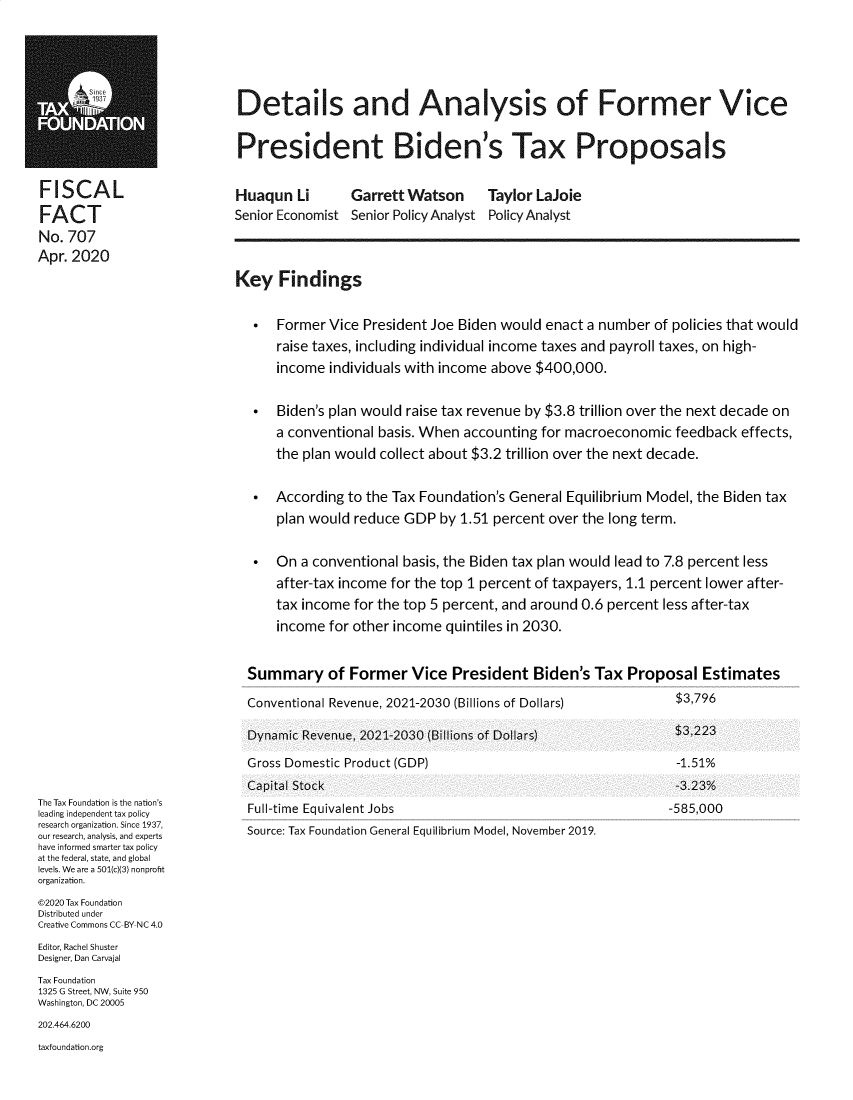 handle is hein.taxfoundation/tfdanfvp0001 and id is 1 raw text is: 





         EXDetails and Analysis of Former Vice

                            President Biden's Tax Proposals

FI SCAL                     Huaqun   U      Garrett Watson      Taylor LaJoie
FACT                        Senior Economist Senior Policy Analyst Policy Analyst
No. 707
Apr. 2020
                            Key   Findings

                              *   Former Vice President Joe Biden would enact a number of policies that would
                                  raise taxes, including individual income taxes and payroll taxes, on high-
                                  income individuals with income above $400,000.

                              *   Biden's plan would raise tax revenue by $3.8 trillion over the next decade on
                                  a conventional basis. When accounting for macroeconomic feedback effects,
                                  the plan would collect about $3.2 trillion over the next decade.

                              *   According to the Tax Foundation's General Equilibrium Model, the Biden tax
                                  plan would reduce GDP  by 1.51 percent over the long term.

                              *   On a conventional basis, the Biden tax plan would lead to 7.8 percent less
                                  after-tax income for the top 1 percent of taxpayers, 1.1 percent lower after-
                                  tax income for the top 5 percent, and around 0.6 percent less after-tax
                                  income for other income quintiles in 2030.


                              Summary of Former Vice President Biden's Tax Proposal Estimates

                              Conventional Revenue, 2021-2030 (Billions of Dollars)       $3,796

                              Dynamic Revenue, 2021-2030 (Billions of Dollars)            $3,223

                              Gross Domestic Product (GDP)                                -1.51%
                              Capital Stock                                               -3.23%
The Tax Foundation is the nation's
leading independent tax policy
research organization. Since 1937,
our research, analysis, and experts
have informed smarter tax policy
at the federal, state, and global
levels. We are a 501(c)(3) nonprofit
organization.
@2020 Tax Foundation
Distributed under
Creative Commons CC-BY NC 4.0
Editor, Rachel Shuster
Designer, Dan Carvajal
Tax Foundation
1325 G Street, NW, Suite 950
Washington, DC 20005
202.464.6200
taxfoundation.org


