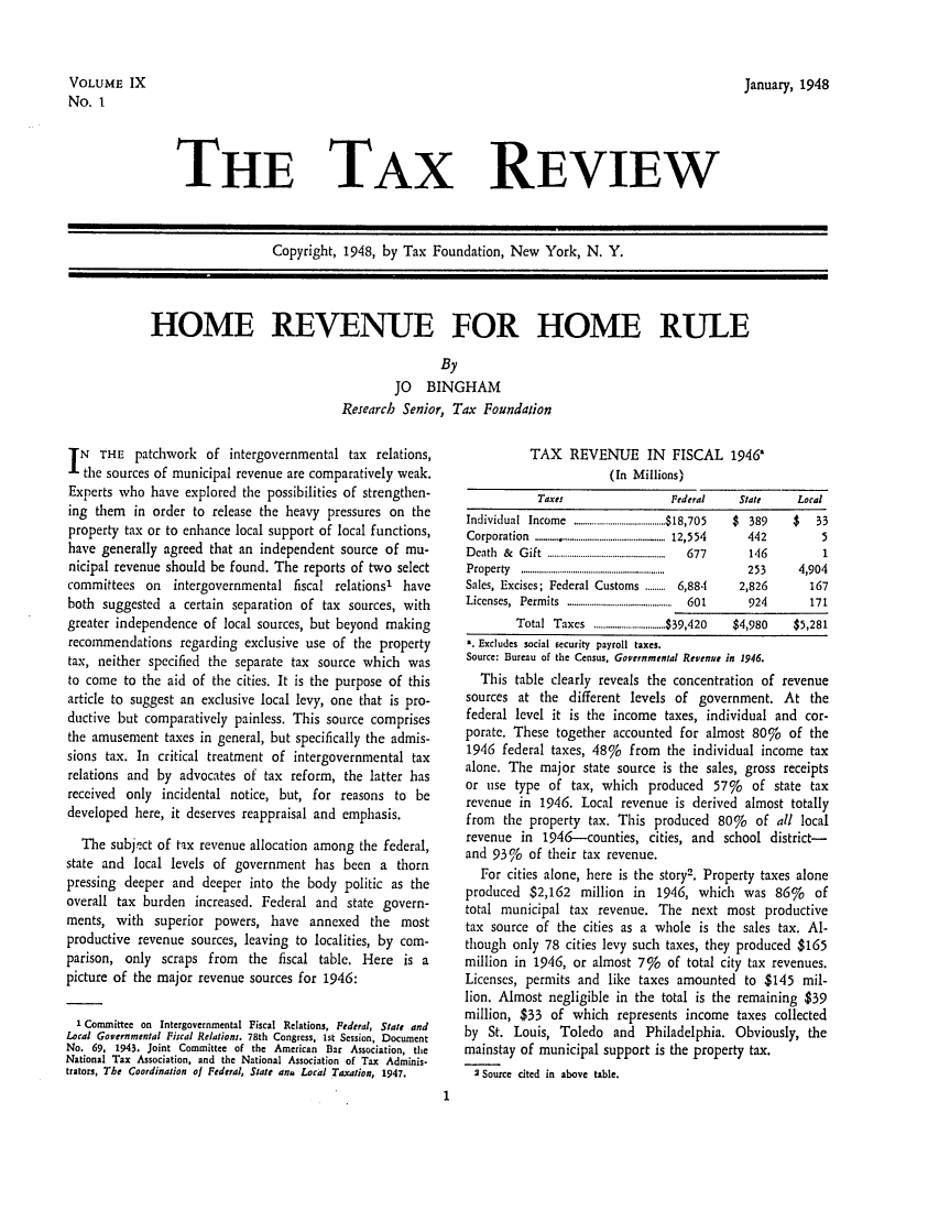 handle is hein.tera/tafoutaxt0011 and id is 1 raw text is: January, 1948

VOLUME IX
No. 1

THE TAX REVIEW

Copyright, 1948, by Tax Foundation, New York, N. Y.

HOME REVENUE FOR HOME RULE
By
JO BINGHAM
Research Senior, Tax Foundalion

N  THE patchwork of intergovernmental tax relations,
the sources of municipal revenue are comparatively weak.
Experts who have explored the possibilities of strengthen-
ing them in order to release the heavy pressures on the
property tax or to enhance local support of local functions,
have generally agreed that an independent source of mu-
nicipal revenue should be found. The reports of two select
committees on intergovernmental fiscal relations' have
both suggested a certain separation of tax sources, with
greater independence of local sources, but beyond making
recommendations regarding exclusive use of the property
tax, neither specified the separate tax source which was
to come to the aid of the cities. It is the purpose of this
article to suggest an exclusive local levy, one that is pro-
ductive but comparatively painless. This source comprises
the amusement taxes in general, but specifically the admis-
sions tax. In critical treatment of intergovernmental tax
relations and by advocates of tax reform, the latter has
received only incidental notice, but, for reasons to be
developed here, it deserves reappraisal and emphasis.
The subject of tax revenue allocation among the federal,
state and local levels of government has been a thorn
pressing deeper and deeper into the body politic as the
overall tax burden increased. Federal and state govern-
ments, with superior powers, have annexed the most
productive revenue sources, leaving to localities, by com-
parison, only    scraps from    the  fiscal table. Here   is a
picture of the major revenue sources for 1946:
1 Committee on Intergovernmental Fiscal Relations, Federal, State and
Local Governmental Fiscal Relations. 78th Congress, Ist Session, Document
No. 69, 1943. Joint Committee of the American Bar Association, the
National Tax Association, and the National Association of Tax Adminis-
trators, The Coordination of Federal, State ana Local Taxation, 1947.

TAX REVENUE IN FISCAL 1946,
(In Millions)
Taxes                   Federal    State      Local
Individual  Income  ...............................$18,705  $  389  $  33
Corporation   ............................................... .....  12,554  442  5
D eath  &  G ift  ......................................................  677  146  1
P roperty  .................................................................  253  4,904
Sales, Excises; Federal Customs      6,884      2,826        167
Licenses,  Perm its  ................................................  601  924  171
Total  Taxes  ................................$39,420  $4,980  $5,281
. Excludes social security payroll taxes.
Source: Bureau of the Census, Governmental Revenue in 1946.
This table clearly reveals the concentration of revenue
sources at the different levels of government. At the
federal level it is the income taxes, individual and cor-
porate. These together accounted for almost 80% of the
1946 federal taxes, 48% from the individual income tax
alone. The major state source is the sales, gross receipts
or use type of tax, which produced 57% of state tax
revenue in 1946. Local revenue is derived almost totally
from   the property tax. This produced 80%         of all local
revenue in 1946-counties, cities, and school district-
and 93%    of their tax revenue.
For cities alone, here is the story2. Property taxes alone
produced $2,162 million in 1946, which was 86% of
total municipal tax revenue. The next most productive
tax source of the cities as a whole is the sales tax. Al-
though only 78 cities levy such taxes, they produced $165
million in 1946, or almost 7o of total city tax revenues.
Licenses, permits and like taxes amounted to $145 mil-
lion. Almost negligible in the total is the remaining $39
million, $33 of which represents income taxes collected
by St. Louis, Toledo and Philadelphia. Obviously, the
mainstay of municipal support is the property tax.
2 Source cited in above table.

1


