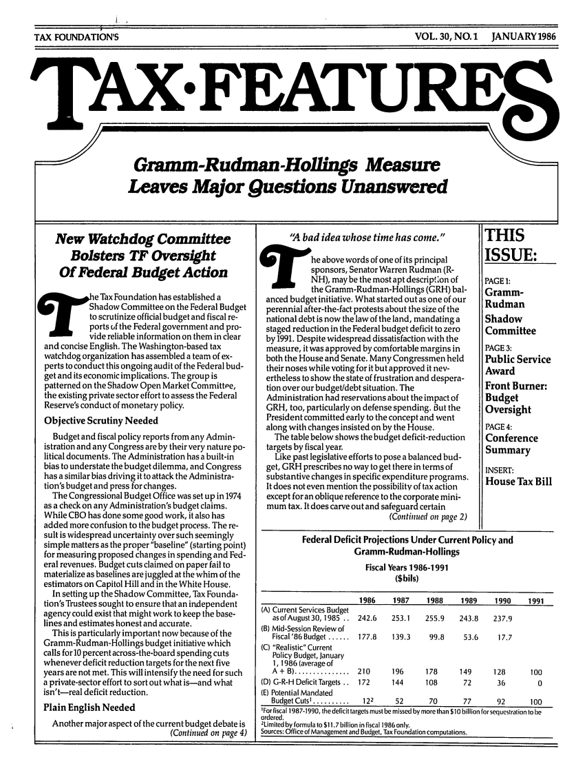 handle is hein.tera/taxfeaturs0030 and id is 1 raw text is: TAX FEATURE
Gramm-Rudman-Hoflings Measure
Leaves Major Questions Unanswered

New Watchdog Committee
Bolsters TF Oversight
Of Federal Budget Action
,iit       e Tax Foundation has established a
hadow Committee on the Federal Budget
o scrutinize official budget and fiscal re-
orts uf the Federal government and pro-
Ovide reliable information on them in clear
and concise English. The Washington-based tax
watchdog organization has assembled a team of ex-
perts to conduct this ongoing audit of the Federal bud-
get and its economic implications. The group is
patterned on the Shadow Open Market Committpe,
the existing private sector effort to assess the Federal
Reserve's conduct of monetary policy.
Objective Scrutiny Needed
Budget and fiscal policy reports from any Admin-
istration and any Congress are by their very nature po-
litical documents. The Administration has a built-in
bias to understate the budget dilemma, and Congress
has a similar bias driving it to attack the Administra-
tion's budget and press for changes.
The Congressional Budget Office was set up in 1974
as a check on any Administration's budget claims.
While CBO has done some good work, it also has
added more confusion to the budget process. The re-
sult is widespread uncertainty over such seemingly
simple matters as the proper baseline (starting point)
for measuring proposed changes in spending and Fed-
eral revenues. Budget cuts claimed on paper fail to
materialize as baselines are juggled at the whim of the
estimators on Capitol Hill and in the White House.
In setting up the Shadow Committee, Tax Founda-
tion's Trustees sought to ensure that an independent
agency could exist that might work to keep the base-
lines and estimates honest and accurate.
This is particularly important now because of the
Gramm-Rudman-Hollings budget initiative which
calls for 10 percent across-the-board spending cuts
whenever deficit reduction targets for the next five
years are not met. This will intensify the need for such
a private-sector effort to sort out what is-and what
isn't-real deficit reduction.
Plain English Needed
Another major aspect of the current budget debate is
(Continued on page 4)

'A bad idea whose time has come.
The above words of one of its principal
sponsors, Senator Warren Rudman (R-
NH), may be the most apt descrip!.'on of
the Gramm-Rudman-Hollings (GRH) bal-
anced budget initiative. What started out as one of our
perennial after-the-fact protests about the size of the
national debt is now the law of the land, mandating a
staged reduction in the Federal budget deficit to zero
by 1991. Despite widespread dissatisfaction with the
measure, it was approved by comfortable margins in
both the House and Senate. Many Congressmen held
their noses while voting for it but approved it nev-
ertheless to show the state of frustration and despera-
tion over our budget/debt situation. The
Administration had reservations about the impact of
GRH, too, particularly on defense spending. But the
President committed early to the concept and went
along with changes insisted on by the House.
The table below shows the budget deficit-reduction
targets by fiscal year.
Like past legislative efforts to pose a balanced bud-
get, GRH prescribes no way to get there in terms of
substantive changes in specific expenditure programs.
It does not even mention the possibility of tax action
except for an oblique reference to the corporate mini-
mum tax. It does carve out and safeguard certain
(Continued on page 2)

THIS
ISSUE:
PAGE 1:
Gramm-
Rudman
Shadow
Committee
PAGE 3:
Public Service
Award
Front Burner:
Budget
Oversight
PAGE 4:
Conference
Summary
INSERT:
House Tax Bill

Federal Deficit Projections Under Current Policy and
Gramm-Rudman-Hollings
Fiscal Years 1986-1991
($bils)
1986    1987    1988     1989    1990    1991
(A) Current Services Budget
asof August 30, 1985 .. 242.6  253.1  255.9  243.8    237.9
(B) Mid-Session Review of
Fiscal '86 Budget ......  177.8  139.3  99.8  53.6     17.7
(C) Realistic Current
Policy Budget, January
1, 1986 (average of
A  +  B) ...............  210  196   178     149      128      100
(D) G-R-H DeficitTargets .. 172  144    108      72      36        0
E) Potential Mandated
Budget Cuts ..........  122   52      70       77      92      100

'For fiscal 1987-1990, the deficit targets must be missed by more than $10 billion for sequestration to be
ordered.
2Limited by formula to $11.7 billion in fiscal 1986 only.
Sources: Office of Management and Budget, Tax Foundation computations.

VOL. 30, NO. 1  JANUARY1986

TAX FOUNDATION'S


