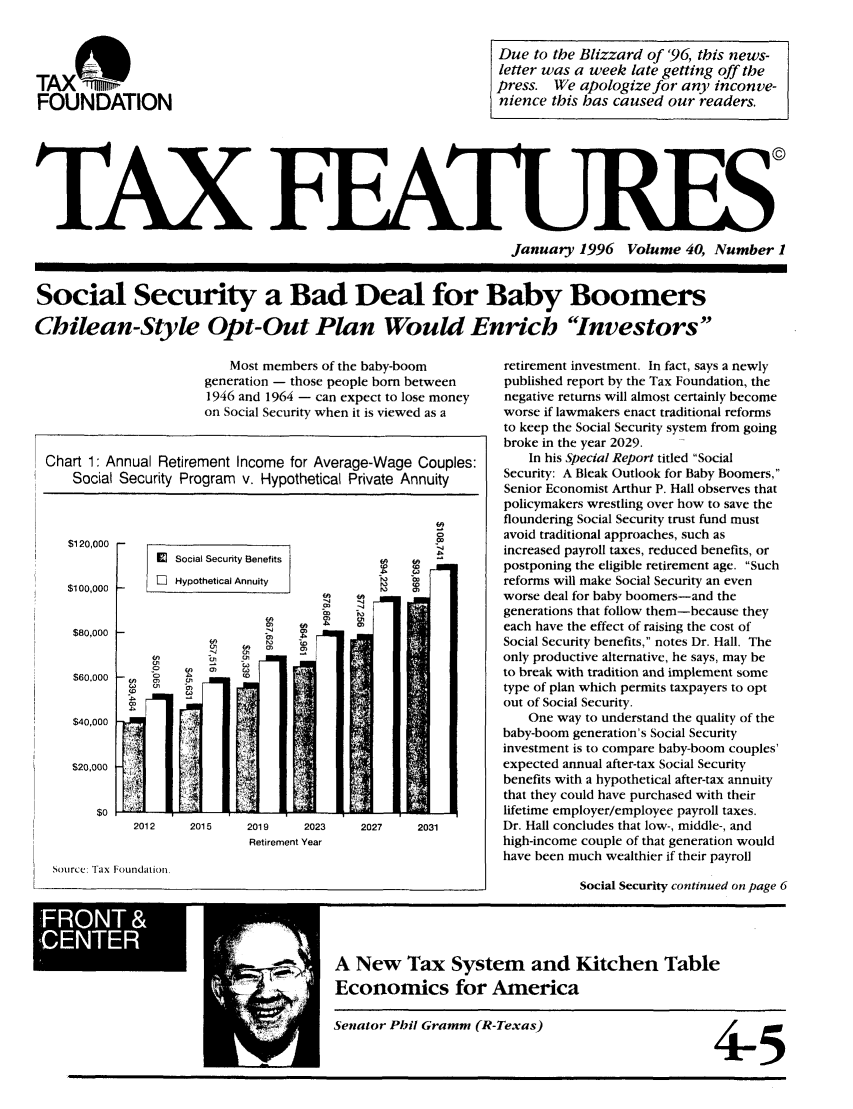 handle is hein.tera/taxfeaturs0040 and id is 1 raw text is: TAX FTON
FOUNDATION

Due to the Blizzard of '96, this news-
letter was a week late getting off the
press. We apologize for any inconve-
nience this has caused our readers.

TAX
January 1996 Volume 40, Number I
Social Security a Bad Deal for Baby Boomers
Chilean-Style Opt-Out Plan Would Enrich Investors

Most members of the baby-boom
generation - those people born between
1946 and 1964 - can expect to lose money
on Social Security when it is viewed as a

Chart 1: Annual Retirement Income for Average-Wage Couples:
Social Security Program v. Hypothetical Private Annuity

$120,000
$100,000
$80,000
$60,000
$40,000
$20,000
$0

2012      2015       2019      2023      2027       2031
Retirement Year

Source, Tax Foundation,

retirement investment. In fact, says a newly
published report by the Tax Foundation, the
negative returns will almost certainly become
worse if lawmakers enact traditional reforms
to keep the Social Security system from going
broke in the year 2029.
In his Special Report titled Social
Security: A Bleak Outlook for Baby Boomers,
Senior Economist Arthur P. Hall observes that
policymakers wrestling over how to save the
floundering Social Security trust fund must
avoid traditional approaches, such as
increased payroll taxes, reduced benefits, or
postponing the eligible retirement age. Such
reforms will make Social Security an even
worse deal for baby boomers-and the
generations that follow them-because they
each have the effect of raising the cost of
Social Security benefits, notes Dr. Hall. The
only productive alternative, he says, may be
to break with tradition and implement some
type of plan which permits taxpayers to opt
out of Social Security.
One way to understand the quality of the
baby-boom generation's Social Security
investment is to compare baby-boom couples'
expected annual after-tax Social Security
benefits with a hypothetical after-tax annuity
that they could have purchased with their
lifetime employer/employee payroll taxes.
Dr. Hall concludes that low-, middle-, and
high-income couple of that generation would
have been much wealthier if their payroll
Social Security continued on page 6

A New Tax System and Kitchen Table
Economics for America

Senator Phil Gramm (R-Texas)

4-5

I

FRNT


