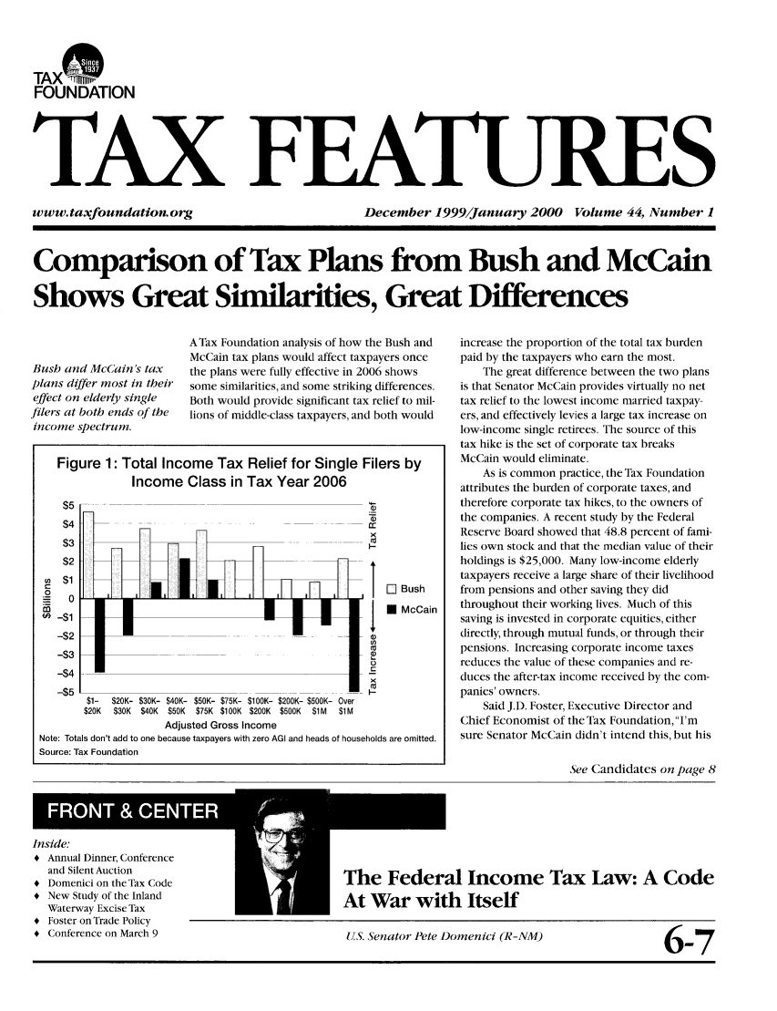 handle is hein.tera/taxfeaturs0044 and id is 1 raw text is: TAX*
FOUNDATION
TAX FEATURES

www. taxfoundation, org

December 1999/January 2000 Volume 44, Number 1

Comparison of Tax Plans from Bush and McCain
Shows Great Similarities, Great Differences

Bush and McCain's tax
plans differ most in their
effect on elderly single
filers at both ends of the
income spectrum.

A Tax Foundation analysis of how the Bush and
McCain tax plans would affect taxpayers once
the plans were fully effective in 2006 shows
some similarities, and some striking differences.
Both would provide significant tax relief to mil-
lions of middle-class taxpayers, and both would

increase the proportion of the total tax burden
paid by the taxpayers who earn the most.
The great difference between the two plans
is that Senator McCain provides virtually no net
tax relief to the lowest income married taxpay-
ers, and effectively levies a large tax increase on
low-income single retirees. The source of this
tax hike is the set of corporate tax breaks
McCain would eliminate.
As is common practice, the Tax Foundation
attributes the burden of corporate taxes, and
therefore corporate tax hikes, to the owners of
the companies. A recent study by the Federal
Reserve Board showed that 48.8 percent of fami-
lies own stock and that the median value of their
holdings is $25,000. Many low-income elderly
taxpayers receive a large share of their livelihood
from pensions and other saving they did
throughout their working lives. Much of this
saving is invested in corporate equities, either
directly, through mutual funds, or through their
pensions. Increasing corporate income taxes
reduces the value of these companies and re-
duces the after-tax income received by the com-
panies' owners.
Said J.D. Foster, Executive Director and
Chief Economist of the Tax Foundation, I'm
sure Senator McCain didn't intend this, but his

See Candidates on page 8
Inside.
* Annual Dinner, Conference
and Silent Auction
Domenici on the Tax Code                       The Federal Income Tax Law: A Code
* New Study of the Inland                           At          with     Isl
Waterway Excise Tax                                    War          i   tsel
+ Foster on Trade Policy
+ Conference on March 9                               IJS. enator Pete Domenici (-NM)               6-7

Figure 1: Total Income Tax Relief for Single Filers by
Income Class in Tax Year 2006
$5
$4
$3I
$2
:   $1Bush
0                                                                  j
-  McCain
-$2
-$3t
-$4V
x
-$5                                    __--I
$1-  $20K- $30K- $40K- $50K- $75K- $10OK- $200K- $500K- Over
$20K  $30K  $40K  $50K  $75K $100K $200K $500K   $11M  $1M
Adjusted Gross Income
Note: Totals don't add to one because taxpayers with zero AGI and heads of households are omitted.
Source: Tax Foundation


