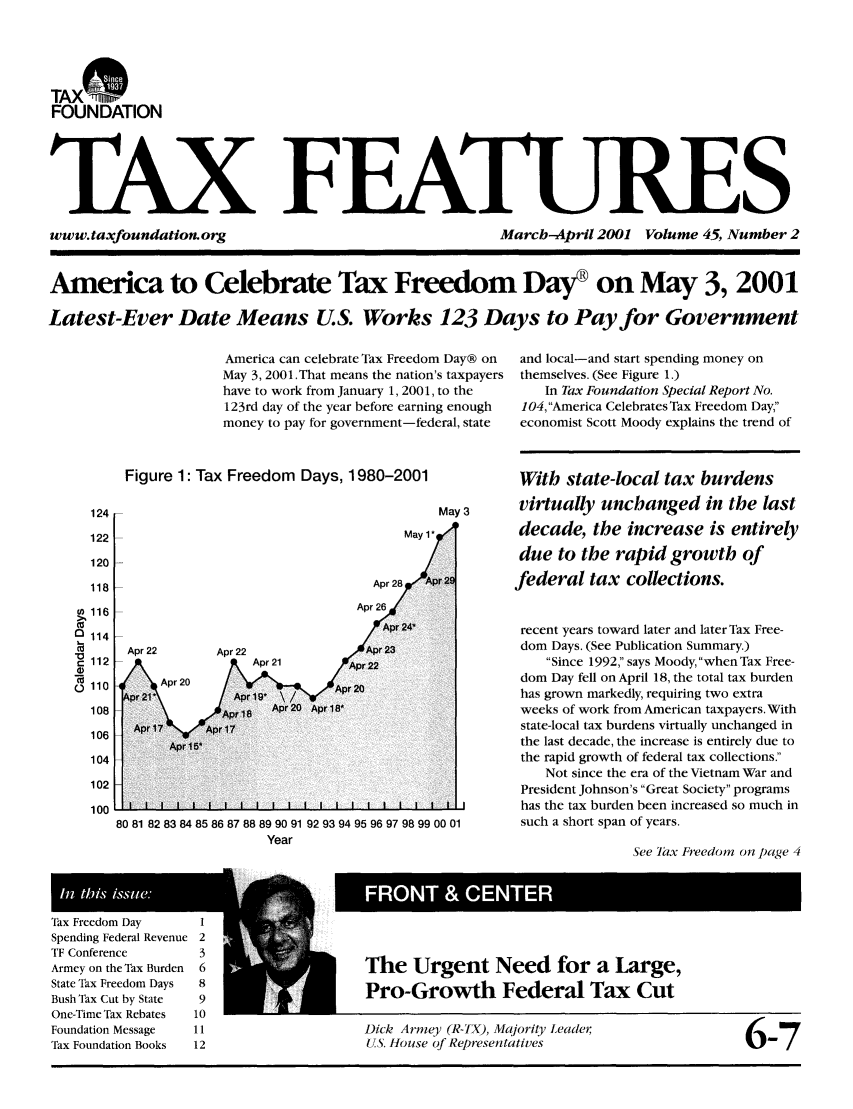 handle is hein.tera/taxfeaturs0045 and id is 1 raw text is: TAX i~-1rl
FOUNDATION
TAX FEATURES

www. taxfoundation, org

Marcb-April 2001 Volume 45, Number 2

America to Celebrate Tax Freedom Day® on May 3, 2001
Latest-Ever Date Means U.S. Works 123 Days to Pay for Government

America can celebrate Tax Freedom Day® on
May 3, 2001.That means the nation's taxpayers
have to work from January 1, 2001, to the
123rd day of the year before earning enough
money to pay for government-federal, state

Figure 1: Tax Freedom Days, 1980-2001

May 3

122                                                May 1*
120 -
118                                           Apr 28    pr2
116                                        Apr 26
Apr 24*
114
Apr 22        Apr 22                   Ar2
112                       Apr 21          Apr22
108                          Apr 20 Apr8*
106
104
102
100
80 81 82 83 84 85 86 87 88 89 90 91 92 93 94 95 96 97 98 99000'

and local-and start spending money on
themselves. (See Figure 1.)
In Tax Foundation Special Report No.
104, America Celebrates Tax Freedom Day,
economist Scott Moody explains the trend of
With state-local tax burdens
virtually unchanged in the last
decade, the increase is entirely
due to the rapid growth of
federal tax collections.

recent years toward later and later Tax Free-
dom Days. (See Publication Summary.)
Since 1992, says Moody, when Tax Free-
dom Day fell on April 18, the total tax burden
has grown markedly, requiring two extra
weeks of work from American taxpayers. With
state-local tax burdens virtually unchanged in
the last decade, the increase is entirely due to
the rapid growth of federal tax collections.
Not since the era of the Vietnam War and
President Johnson's Great Society programs
has the tax burden been increased so much in
such a short span of years.
See [ax Freedom on page 4

The Urgent Need for a Large,
Pro-Growth Federal Tax Cut

Dick Armey (R-IX), Majority Leader,
US. House of Representatives

6-7


