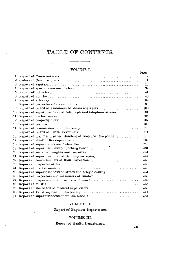 handle is hein.usccsset/usconset32707 and id is 1 raw text is: 














                   TABLE OF CONTENTS.




                                VOLUME I.
                                                                       Page.
 1. Report of Commissioners................................................        v
 2. Orders of Commissioners .----------------------------------------------       1
 3. Report of assessor.      ...---------------------------------------------------  18
 4. Report of special assessment clerk .......................................    39
 5. Report of collector.      ...--------------------------------------------------  41
 6. Report of auditor ...---------------------------------------------------     48
 7. Report of attorney ....--------------------------------------------------     89
 8. Report of inspector of steam boilers ------------------------------------     99
 9. Report of board of examiners of steam engineers ........................     100
 10. Report of superintendent of telegraph and telephone service-------------     101
 11. Report of harbor master.          ...--------------------------------------------- .105
 12. Report of property clerk ................................................    107
 13. Report of coroner .    .       .       ..-------------------------------------------------- 109
 14. Report of commissioners of pharmacy ...................................      113
 15. Report of board of dental examiners ....................................     114
 16. Report of major and superintendent of Metropolitan police ..............     115
 17. Report of chief of fire department.          ..------------------------------------  169
 18. Report of superintendent of charities   ..---------------------------------  210
 19. Report of superintendent of bathing beach.----------------------------      431
 20. Report of sealer of weights and measures................................     444
 21. Report of superintendent of chimney sweeping .------------------------- 447
 22. Report of commissioners of flour inspection.---------------------------- 448
 23. Report of inspector of fuel ...------------------------------------------- 448
 24. Report of market masters.           ...-------------------------------------------  449
 25. Report of superintendent of street and alley cleaning-------------------- 451
 26. Report of inspectors and measurers of lumber .-------------------------- 462
 27. Report of inspectors and measurers of wood.............................      463
 28. Report of militia........................................................    465
 29. Report of the board of medical supervisors .----------------------------- 466
 30. Report of Trustees, free public library  .--------------------------------  471
31. Report of superintendent of public schools ..............................    481

                               VOLUME II.
                       Report of Engineer Department.

                               VOLUME III.
                       .Report of Health Department.
                                                                   iI


