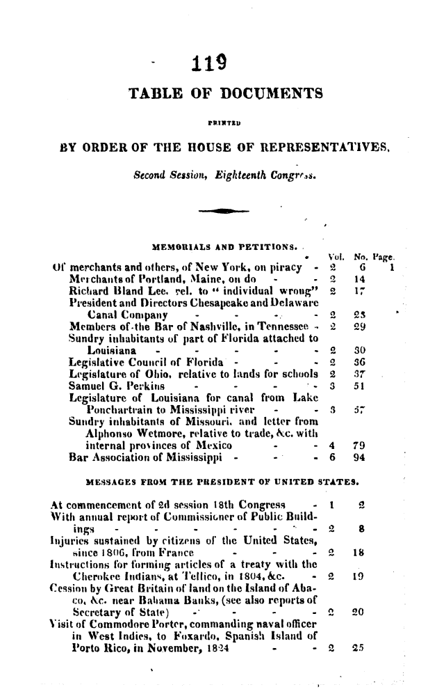 handle is hein.usccsset/usconset49644 and id is 1 raw text is: 



                     -119

              TABLE OF DOCUMENTS

                            PRINTIV

  BY  ORDER   OF  THE   HOUSE OF REPRESENTATIVES,

               Second Session, Eighteenth Congrevs.




                  MEMORIALS  AND PETITIONS.
                                                 Vol. No. Page.
 if merchants and others, of New York, on piracy  - 2 6     1
   Met chants of Portland, Maine, onl do -    -  2   14
   Richard Bland Lee. rel. to  individual wroug c  17
   President and Directors Chesapeake and Delaware
       Canal Company     -      -      -.     -  2    3
    Members of-the Bar of Nashville, in Tennessee .. 2 e9
    Sundry inhabitants of part of Florida attached to
       Louisiana   - - - - - 2 So
   Legislative Council of Florida - - - 2 S6
   Legislature of Ohio, relative to lands for schools 2  17 .
   Samuel G.  Perkins           -             -  3   51
   Legislature of Louisiana for canal from Lake
       Ponchartrain to Mississippi river -    -  3   57
   Sundry inhabitants of Missouri. and letter from
      Alphonso Wetmore,  relative to trade, &c. with
      internal provinces of Mexico - - 4 79
   Bar  Association of Mississippi -   - - 6 94

      MESSAGES  FROM THE  PRESIDENT  OF UNITED STATES.

At commencement  of ed session 18th Congress  -  I 9
With annual report of Conmmissioner of Public Build-
    ings   - - - - - - 2 8
Injuries sustained by citizens of the United States,
    since 1806, from France     -      -      -  2   18
Instructions for forming articles of a treaty with the
    Cherokee Indians, at ''ellico, in 1804, &c. - 2  19
Cession by Great Britain of land on the Island of Aba-
    co. &c. near Baiaia Banks, (see also reports of
    Secretary of State)  -C - - - 2 20
Visit of Commodore Porter, commanding naval officer
    in West Indies, to Foxardo, Spanish Island of
    Porto Rico, in November, 1824      -      -  2   25


