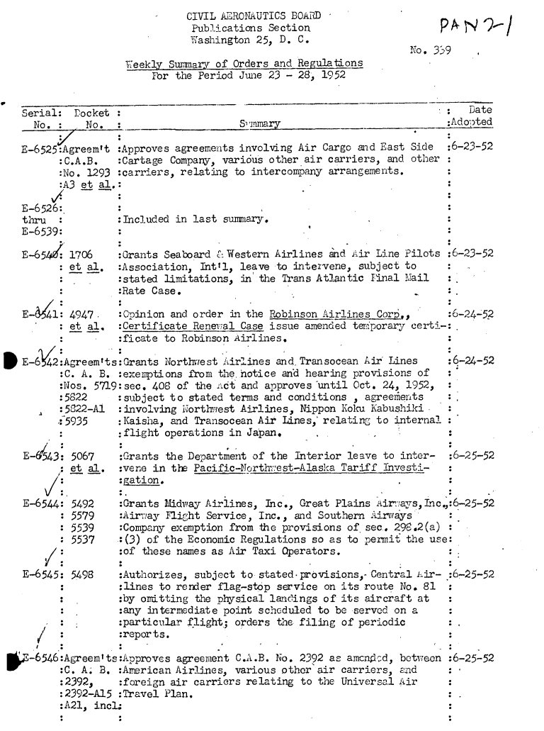 handle is hein.usfed/dotod0047 and id is 1 raw text is:            CIVIL AER011UTICS BOAMi
           Publications Section
           'Hashington 25, D. C.

Weekly Summary of Orders and Regulations
     For the Period Jiune 23 - 28, 1952


Serial: Docket
  No. :    No.

E-6525:Agreem't  
       :C.A.B.
       :No. 1293
       :A3 et al.:

E-6526:
thru *
E-6539:


E-654e-


1706
et al.



4947,
et al.


:   Date
:Adopted


Svi'.qmary


Approves agreements involving Air Cargo and East Side
Cartage Company, vari6us other air carriers, and other
carriers, relating to intercompany arrangements.


:6-23-52


Included in last sunmiary.


:Grants Seaboard L Western Airlines and Air Line Pilots
:Association, Int'l, leave to intervene, subject to
:stated limitations, in the Trans Atlantic Final Mail
:Rate Case.


:6-23-52


:Opinion and order in the Robinson Airlines Corp,,      :6-24-52
:Certificate Renerial Case issue amended tenoporary certi-:
:ficate to Robinson Airlines.


* E-6     :Agreem'ts:Grants Northwiest Airlines and, Transocean Air Lines
          :C. A. B. :exenptions from thenotice an'd hearing provisions of
          :Nos. 5719:sec. 408 of the ,ct and approves 'until Oct. 24, 1952,
          :5822     :subject to stated terms and conditions , agreefienrts
          :5822-Al  :involving Nortlmiest Airlines, Nippon Koku Kabushiki
          :5935     :Kaisha, and Transocean Air Lines, relating to internal
                    :flight operations in Japan.


E-V3: 5067
      i: et al.
    /:,

E-6544: 5492
       : 5579
       : 5539
       : 5537


E-6545: 5498




  /.~


:Grants the Department of the Interior leave to inter-
:vene in the Pacific-Northie st-Alaska Tariff Investi-
:gation.


:6-24-52







:6-25-52


:Grants idray Airlines, Inc., Great Plains Ai.rTays, nc.,:6-25-52
:Airuay Flight Service, Inc., and Southern Ainvays
:Company exemption from the provisions of, sec. 298.2(a)
:(3) of the Economic Regulations so as to permit the use:
:of these names as Air Taxi Operators.


:Authorizes, subject to stated-provisions,- Central Lir-
:lines to render flag-stop service on its route No. 81
:by odtting the physical landings of its aircraft at
:any intermediate point scheduled to be served on a
:particular flight; orders the filing of periodic
:reports.


-6546:Agreem'ts:Approves agreement C.A.B. No. 2392 as amcnrdcd, betwveen
       :C. A- B. :American Airlines, various other air carriers, and
       :2392,    :foreign air carriers relating to the Universal Air
       :2392-A15 :Travel Plan.
       :A21, incl;


.:6-25-52






:6-25-52


     PAo 9--/
N1o . 339 ,


S , nmary


