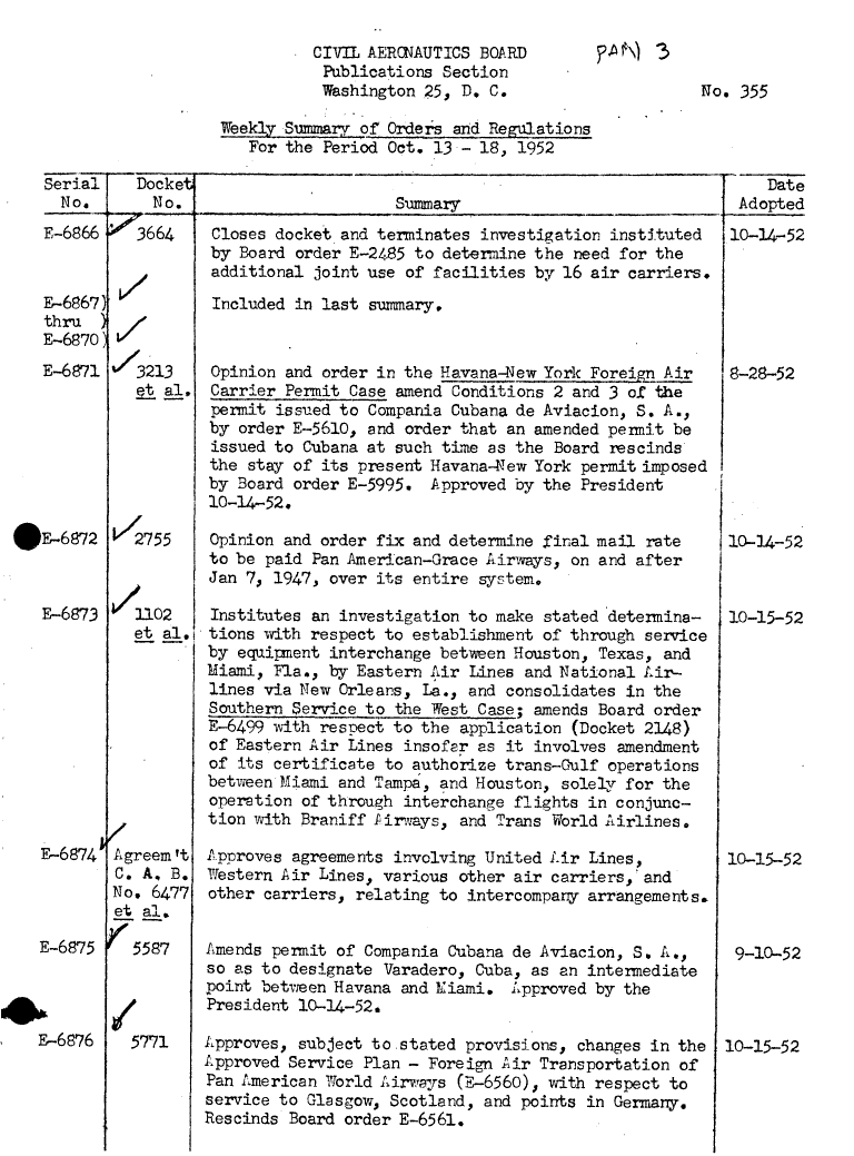 handle is hein.usfed/dotod0049 and id is 1 raw text is: 

          CIVIL AERONAUTICS BOARD
          Publications Section
          Washington 25, D. C.

Weekly Smmary of Orders and Regulations
   For the Period Oct. 13 - 18, 1952


Serial    Docket                                                              Date
  No.       No.                       Summary                              Adopted


E-6866 j  3664


E-6867)
thru )
E-6870)
E-6871


.E-6872


   E-6873











   E-6874




   E-6875




   E-6876


/



a213
   et aLl.


/1102
   et al.











 Agreem 't
 C. A, B.
 No. 6477
 et al.

(5587



/
   5771


Closes docket and terminates investigation instituted
by Board order E-2485 to determine the need for the
additional joint use of facilities by 16 air carriers.
Included in last sumary.


Opinion and order in the Havana-New York Forein -Air
Carrier Permit Case amend Conditions 2 and 3 of the
permit issued to Compania Cubana de Aviacion, S. A.,
by order E-5610, and order that an amended permit be
issued to Cubana at such time as the Board rescinds
the stay of its present Havana-4!ew York permit imposed
by Board order E-5995. Approved by the President
10-14-52.

Opinion and order fix and determine final mail rate
to be paid Pan American-Grace Airways, on and after
Jan 7, 1947, over its entire system.

Institutes an investigation to make stated determina-
tions with respect to establishment of through service
by equipment interchange between Houston, Texas, and
Miami, Fla., by Eastern Air Lines and National Air-
lines via New Orleans, La., and consolidates in the
Southern Service to the West Case; amends Board order
E-6499 with respect to the application (Docket 2148)
of Eastern Air Lines insofar as it involves amendment
of its certificate to authorze trans-Gulf operations
between Miami and Tampa, and Houston, solely for the
operation of through interchange flights in conjunc-
tion with Braniff lirAys, and Trans World Airlines.

Approves agreements involving United Air Lines,
Western Air Lines, various other air carriers, and
other carriers, relating to intercompany arrangements.


Amends permit of Compania Cubana de Aviacion, S. A.,
so as to designate Varadero, Cuba, as an intermediate
point between Havana and Eiami. Approved by the
President 10-14-52.

Approves, subject to stated provisions, changes in the
Approved Service Plan - Foreign Air Transportation of
Pan American World Airways (E-6560), with respect to
service to Glasgow, Scotland, and points in Germany.
Rescinds Board order E-6561.


10-14-52


10-14-52



10-15-52












10-15-52




9-10-52




10-15-52


?,a N) -3


No. 355


