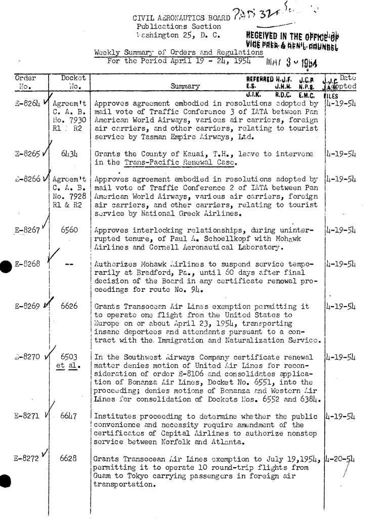 handle is hein.usfed/dotod0058 and id is 1 raw text is: 
         CIVIL AERONAUTICS BOARID ?,'   31    °
         Publications Section          .....
         I ashington 25, D. C.   HGEIVED IN THE OVMH

Weekly Summar- of Orders and Regulations


For the Period April 19 - 24, 19541-


I  viAf3% 1964


Order      Docket                                      REFERRW .J,F, ,    j   Date
~o,          i~o,                    Summary           E.S.   JM.14. N.P.G. 4.ppted


E-8264





Z-8265 V


E-8266 I/


Agreem't
C. A. B.
i o. 7930
R1 . R2


                                     J.I.K. R.D.C.  EM.C,
Approves agreement embodied in resolutions adopted by
mail vote of Traffic Conference 3 of IATA between Pan
American World Airways, various air carriers, foreign
air carriers, and other carriers, relating to tourist
service by Tasman Empire Airways, Ltd.

Grants the County of Kauai, T.H., lenve to intervene
in the Tras-Pacific Renewal Case.

Approves agreement embodied in resolutions adopted by
mail vote of Traffic Conference 2 of IATA between Pan
American World Airways, various air carriers, foreign
air carriers, and other carriers, relating to tourist
service by National Greek Airlines.

Approves interlocking relationships, during uninter-
rupted tenure, of Paul A. Schoellkopf with Mohawk
Airlines and Cornell Aeronautical Laboratory.

Authorizes Mohawk Airlines to suspend service tempo-
rarily at Bradford, Pa., until 60 days after final
decision of the Board in any certificate renowal pro-
ceedings for route No. 94.

Grants Transoceen Air Lines exemption perynitting it
to operate one flight from the United States to
Europe on or about April 23, 1954, transporting
insane deportees and attendants pursuant to a con-
tract with the. Immigration and Naturalization Servico.

In the Southwest drways Company certificate renewal
matter denies motion of United Air Lines for recon-
sideration of order E-8106 and consolidates applica-
tion of Bonanza Air Lines, Docket No. 6551, into the
proceeding; denies motions of Bonanza and Western ir
Lines for consolidation of Dockets Ios. 6552 and 6384.

Institutes proceeding to determine whether the public
convenience and necessity require am.ndment of the
certificates of Capital Airlines to authorize nonstop
service between Norfolk and Atlanta.

Grants Transocean Air Lines cxemption to July 19,1954,
permitting it to operate 10 round-trip flights from
Guam to Tokyo carrying passengcrs in foreign air
transp ortati on.


E-8267



E-8268


w


ILES
4-19-54





4-19-54


4-19-54





14-19-54



4-19-54




4-19-54





)4-19-54






4-19-54




4-2 - 4


  6434


Agreem't
C. A. B.
No. 7928
R1 & R2


  6560








  6626



/
  6503
  et al.



/
  66)47


6628


E-8269


:-8270 V






E-8271 V


E-8272


