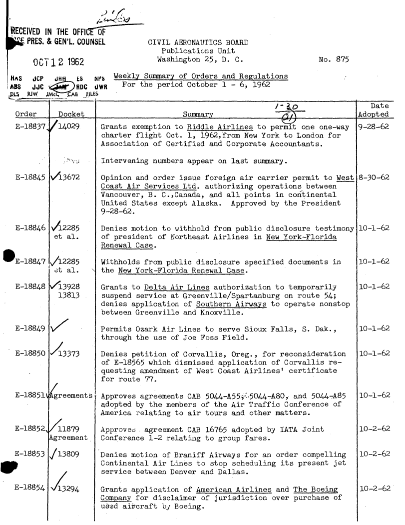 handle is hein.usfed/dotod0112 and id is 1 raw text is: 


RECEIVED IN THE OFFICrtOF-
PRES. & GEN'L. COUNSEL

     OCT 12 1962


CIVIL AERONAUTICS BOARD
   Publications Unit
   Washington 25, D. C.


HAS  JCP  JH        P4 Weekly Summary of Orders and Regulations
ABS  JJC       Hoc dwN   For the period October 1 - 6, 1962
  LJIH w Ac .__AB -FILES
                                                            ODate
 Order I   Docket-                     Summary__                              lAdopted


E-18837 V14029


E-18845 1,/13672


   E-18846



 SE-18847


   E-18848




   E-18849


   E-18850




   E-18851\



   E-18852\


   E-18853

s

   E-18854


/2285
et al.


/12285
<t al.

\13928
  13813


7



1'3373




.reements



/11879
Agreement

/13809



13294


Grants exemption to Riddle Airlines to permit one one-way
charter flight Oct. 1, 1962,from New York to London for
Association of Certified and Corporate Accountants.

Intervening numbers appear on last summary.

Opinion and order issue foreign air carrier permit to West
Coast Air Services Ltd. authorizing operations between
Vancouver, B. C.,Canada, and all points in cotinental
United States except Alaska. Approved by the President
9-28-62.

Denies motion to withhold from public disclosure testimony
of president of Northeast Airlines in New York-Florida
Renewal Case.

Withholds from public disclosure specified documents in
the New York-Florida Renewal Case.

Grants to Delta Air Lines authorization to temporarily
suspend service at Greenville/Spartanburg on route 54;
denies application of Southern Airways to operate nonstop
between Greenville and Knoxville.

Permits Ozark Air Lines to serve Sioux Falls, S. Dak.,
through the use of Joe Foss Field.

Denies petition of Corvallis, Oreg., for reconsideration
of E-18565 which dismissed application of Corvallis re-
questing amendment of West Coast Airlines' certificate
for route 77.

Approves agreements CAB 5044-A55- ,5044-AS0, and 5044-A85
adopted by the members of the Air Traffic Conference of
America celating to air tours and other matters.

Approve6. agreement CAB 16765 adopted by IATA Joint
Conference 1-2 relating to group fares.

Denies motion of Braniff Airways for an order compelling
Continental Air Lines to stop scheduling its present jet
service between Denver and Dallas.

Grants application of American Airlines and The Boeing
Company for disclaimer of jurisdiction over purchase of
used aircraft by Boeing.


9-28-62





8-30-62





10-1-62



10-1-62


10-1-62




L0-1-62


10-1-62




10-1-62



10-2-62


10-2-62



10-2-62


No. 875


