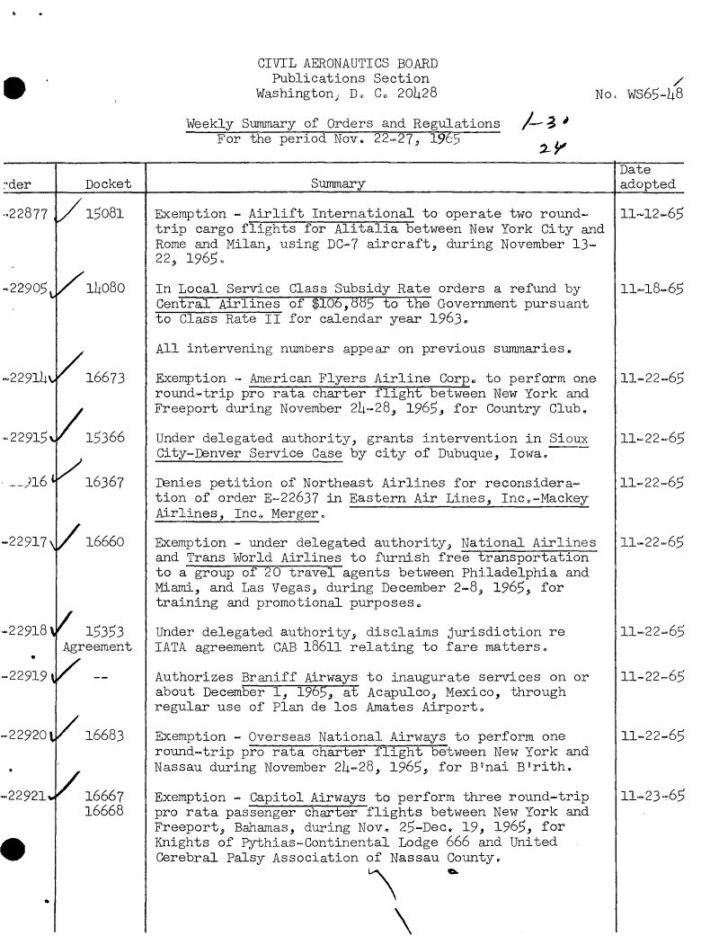 handle is hein.usfed/dotod0135 and id is 1 raw text is: 


         CIVIL AERONAUTICS BOARD
           Publications Section
         Washington, D.. C. 20428

Weekly Summary of Orders and Regulations
    For the period Nov. 22-27, 1965


          /
No, WS65-48


                                                                              Date
-der      Docket                       Summary                                adopted


15081


/14080





/16673



/15366

16367



/1666o


. 22877




-22905,





-22914%



-22915%


--)16L



-22917\





S229181


-22919%



-22920t



-22921w


16683



16667
16668


Exemption - Airlift International to operate two round-
trip cargo flights for Alitalia between New York City and
Rome and Milan, using DC-7 aircraft, during November 13-
22, 1965,

In Local Service Class Subsidy Rate orders a refund by
Central Airlines of $106,05 to the Government pursuant
to Class Rate II for calendar year 1963,

All intervening numbers appear on previous summaries.

Exemption - American Flyers Airline Corp, to perform one
round-trip pro rata charter flight between New York and
Freeport during November 24-28, 1965, for Country Club.

Under delegated authority, grants intervention in Sioux
City-Denver Service Case by city of Dubuque, Iowa.

Tenies petition of Northeast Airlines for reconsidera-
tion of order E-22637 in Eastern Air Lines, Inc.-Mackey
Airlines, Inc. Merger.

Exemption - under delegated authority. National Airlines
and Trans World Airlines to furnish free transportation
to a group of 20 travel agents between Philadelphia and
Miami, and Las Vegas, during December 2-8, 1965, for
training and promotional purposes.

Under delegated authority, disclaims jurisdiction re
IATA agreement CAB 18611 relating to fare matters.

Authorizes Braniff Airways to inaugurate services on or
about December 1, 1965, at Acapulco, Mexico, through
regular use of Plan de los Amates Airport.

Exemption - Overseas National Airways to perform one
round-trip pro rata charter flight between New York and
Nassau during November 24-28, 1965, for Bvnai B'rith.

Exemption - Capitol Airways to perform three round-trip
pro rata passenger charter flights between New York and
Freeport, Bahamas, during Nov. 25-Dec. 19, 1965, for
Knights of Pythias-Continental Lodge 666 and United
Cerebral Palsy Association of Nassau County.


11-12-65




1l1-8-65





11-22-65



11-22-65


11-22-65



11-22-65





11-22-65


11-22-65



11-22-65



11-23-65


   15353
 Agreement
1 '__


