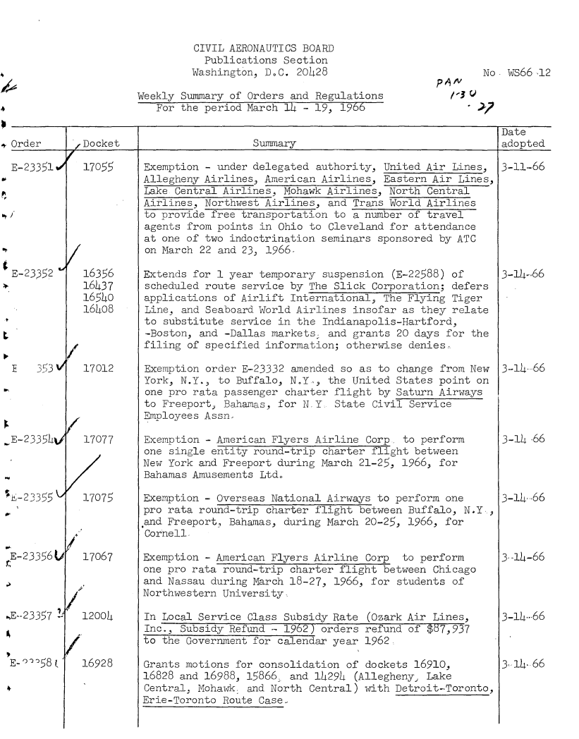 handle is hein.usfed/dotod0138 and id is 1 raw text is: 


CIVIL AERONAUTICS BOARD
  Publications Section
Washington, D.C. 20428


No. WS66 .12


Weekly Summary of Orders and Regulations
   For the period March 1L - 19, 1966


                                                                               Date
Order    [Docket                       Summary                                 Jadopted


E-23351 -








E-23352







E    353V





E-23354vh




%-23355




E-23356U




.,E-.23357  -


17055








16356
16h37
16540
16408




17012





17077
/


17075




17067




12004



16928


Exemption - under delegated authority, United Air Lines,
Allegheny Airlines, American Airlines, Eastern Air Lines,
Lake Central Airlines, Mohawk Airlines, North Central
Airlines, Northwest Airlines, and Trans World Airlines
to provide free transportation to a number of travel
agents from points in Ohio to Cleveland for attendance
at one of two indoctrination seminars sponsored by ATC
on March 22 and 23, 1966-

Extends for 1 year temporary suspension (E-22588) of
scheduled route service by The Slick Corporation; defers
applications of Airlift International, The Flying Tiger
Line, and Seaboard World Airlines insofar as they relate
to substitute service in the Indianapolis-Hartford,
-Boston, and -Dallas markets and grants 20 days for the
filing of specified information; otherwise denies.

Exemption order E-23332 amended so as to change from New
York, N.Y., to Buffalo, N.Y., the United States point on
one pro rata passenger charter flight by Saturn Airways
to Freeport, Bahamas, for NY State Civil Service
Employees Assn.

Exemption - American Flyers Airline Corp, to perform
one single entity round-trip charter flight between
New York and Freeport during March 21-25, 1966, for
Bahamas Amusements Ltd.

Exemption - Overseas National Airways to perform one
pro rata round-trip charter flight between Buffalo, N.Y.,
.and Freeport, Bahamas, during March 20-25, 1966, for
Cornell.

Exemption - American Flyers Airline Corp to perform
one pro rata round-trip charter flight between Chicago
and Nassau during March 18-27, 1966, for students of
Northwestern University.

In Local Service Class Subsidy Rate (Ozark Air Lines,
Inc., Subsidy Refund - 1962) orders refund of $67,937
to the Government for calendar year 1962

Grants motions for consolidation of dockets 16910,
16828 and 16988, 15866, and 14294 (Allegheny, Lake
Central, Mohawk and North Central) with Detroit-Toronto,
Erie-Toronto Route Case.


3-11-66








3-14-66







3-L -.66





3-1. 66




3-14.66




3 -lh-66




3-14-66



3. 1. 66


