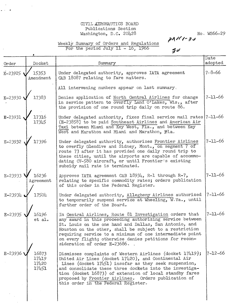 handle is hein.usfed/dotod0141 and id is 1 raw text is: 


CIVIL MRONAUTICS BOARD
  Publications Section
Washington, DC. 20428


No- ws66-29


Weekly Summary of Orders and Regulations
   For the period July 11 - 16, 1966


         e  D                        S    r                                    Date
Or der   jD ocke t  ISummary                                                   adopte d


E-23925




E--23930



E-23931




E-23932





E-23933



E-2393h



E-23935






E-23936 \


/ 15353
Amendment


17383



17316
17345


17396





   16236
 Agreement


/175oh


16196
et al.





16873
17419
17420
17451


Under delegated authority, approves IATA agreement
CAB 18087 relating to fare matters°

All intervening numbers appear on last summary.

Denies application of North Central Airlines for change
in service pattern to overfly Land O'Lakes, Wis., after
the provision of one round trip daily on route 86,

Under delegated authority, fixes final service mail rates
(E-23858) to be paid Southeast Airlines and American Air
Taxi between Miami and Key West, Flat, and between Key
West and Marathon and Miami and Marathon, Fla

Under delegated authority, authorizes Frontier Airlines
to overfly Glendive and Sidney, Mont., on segment 7 of
route 73 after it has provided one daily round trip to
these cities, until the airports are capable of accommo-
dating CV-580 aircraft, or until Frontier's existing
subsidy mail rate is terminated-

Approves TATA agreement CAB 18934, R-1 through R-7,
relating to specific commodity rates; orders publication
of this order in the Federal Register.

Under delegated authority, Allegheny Airlines authorized
to temporarily suspend service at Wheeling, W.Va., until
further order of the Board.

In Central Airlines, Route 81 Investigation orders that
any award in this proceeding authorizing service between
St. Louis on the one hand and Dallas, San Antonio, and
Houston on the other, shall be subject to a restriction
requiring service to a minimum of one intermediate point
on every flight; otherwise denies petitions for recon-
sideration of order E-23686.

Dismisses complaints of Western Airlines (docket 17419);
United Air Lines (docket 17h20), and Continental Air
Lines (docket 17h51) insofar as they seek suspension,
and consolidate these three dockets into the investiga-
tion (docket 16873) of extension of local standby fares
proposed by Frontier Airlines   Orders publication of
this order in the Federal Register.


7-8-66




7-11-66



7_-1-66




7-11-66





7-11-66



7-11-66



7-11-66







7-12-66


