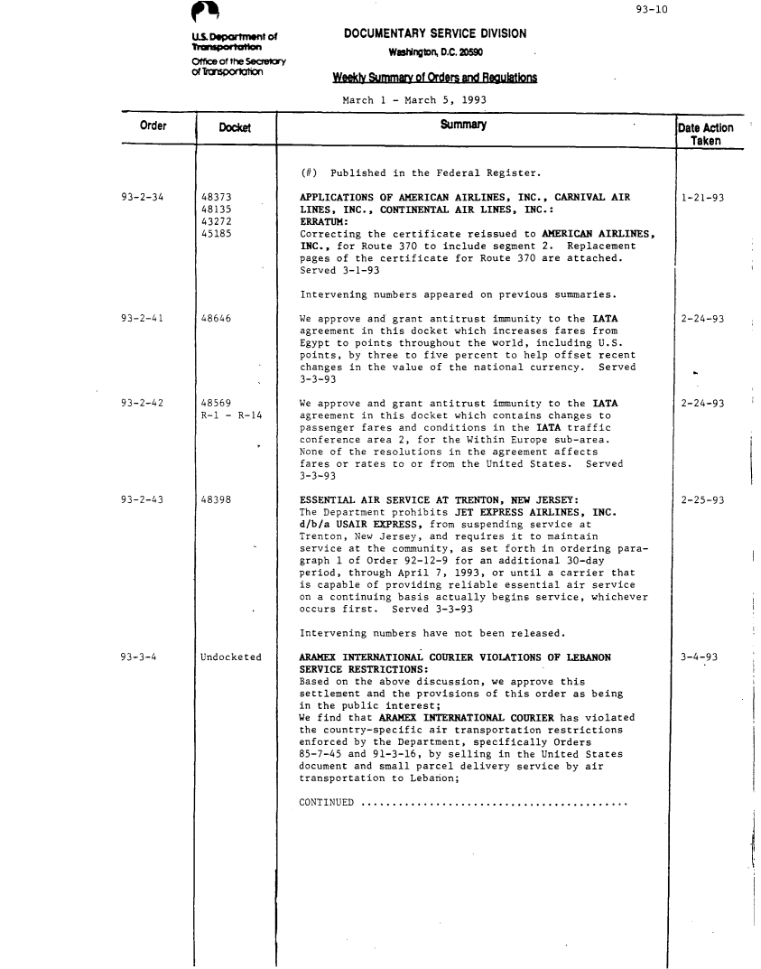 handle is hein.usfed/dotod0445 and id is 1 raw text is: 

S DepoMtment of

office of the Sery
orarportmw


  DOCUMENTARY SERVICE DIVISION
         WasNngton, D.C. 20590

Weekly Summary of Orders and Regulations


                                 March 1 - March 5, 1993

Order        Docket                              Summary                               Date Action
                                                                                         Taken


93-2-34










93-2-41







93-2-42








93-2-43













93-3-4


1-21-93


2-24-93


48373
48135
43272
45185







48646







48569
R-1 - R-14







48398













Undocketed


93-10


(#) Published in the Federal Register.

APPLICATIONS OF AMERICAN AIRLINES, INC., CARNIVAL AIR
LINES, INC., CONTINENTAL AIR LINES, INC.:
ERRATUM:
Correcting the certificate reissued to AMERICAN AIRLINES,
INC., for Route 370 to include segment 2. Replacement
pages of the certificate for Route 370 are attached.
Served 3-1-93

Intervening numbers appeared on previous summaries.

We approve and grant antitrust immunity to the IATA
agreement in this docket which increases fares from
Egypt to points throughout the world, including U.S.
points, by three to five percent to help offset recent
changes in the value of the national currency. Served
3-3-93

We approve and grant antitrust immunity to the IATA
agreement in this docket which contains changes to
passenger fares and conditions in the IATA traffic
conference area 2, for the Within Europe sub-area.
None of the resolutions in the agreement affects
fares or rates to or from the United States. Served
3-3-93

ESSENTIAL AIR SERVICE AT TRENTON, NEW JERSEY:
The Department prohibits JET EXPRESS AIRLINES, INC.
d/b/a USAIR EXPRESS, from suspending service at
Trenton, New Jersey, and requires it to maintain
service at the community, as set forth in ordering para-
graph 1 of Order 92-12-9 for an additional 30-day
period, through April 7, 1993, or until a carrier that
is capable of providing reliable essential air service
on a continuing basis actually begins service, whichever
occurs first. Served 3-3-93

Intervening numbers have not been released.

ARAM   INTERNATIONAL COURIER VIOLATIONS OF LEBANON
SERVICE RESTRICTIONS:
Based on the above discussion, we approve this
settlement and the provisions of this order as being
in the public interest;
We find that ARAMEX INTERNATIONAL COURIER has violated
the country-specific air transportation restrictions
enforced by the Department, specifically Orders
85-7-45 and 91-3-16, by selling in the United States
document and small parcel delivery service by air
transportation to Lebanon;

CONTINUED ...........................................


2-24-93








2-25-93













3-4-93


