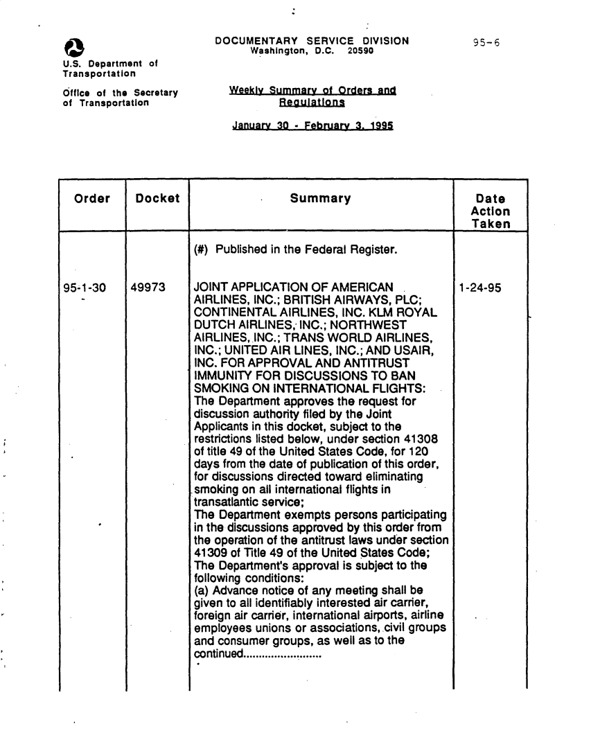 handle is hein.usfed/dotod0468 and id is 1 raw text is: 

                          DOCUMENTARY SERVICE DIVISION               95-6
                                Washington, D.C. 20590
U.S. Department of
Transportation
Office of the Secretary     Weekly Summary of Orders and
of Transportation                    egula.i sDa
                             January 30 - February 3. 1995


  Order     Docket                    Summary                        Date
                                                                     Action
                                                                     Taken

                      (#) Published in the Federal Register.


95-1-30    49973      JOINT APPLICATION OF AMERICAN                1-24-95
                      AIRLINES, INC.; BRITISH AIRWAYS, PLC;
                      CONTINENTAL AIRLINES, INC. KLM ROYAL
                      DUTCH AIRLINES, INC.; NORTHWEST
                      AIRLINES,.INC.; TRANS WORLD AIRLINES,
                      INC.; UNITED AIR LINES, INC.; AND USAIR,
                      INC. FOR APPROVAL AND ANTITRUST
                      IMMUNITY FOR DISCUSSIONS TO BAN
                      SMOKING ON INTERNATIONAL FLIGHTS:
                      The Department approves the request for
                      discussion authority filed by the Joint
                      Applicants in this docket, subject to the
                      restrictions listed below, under section 41308
                      of title 49 of the United States Code, for 120
                      days from the date of publication of this order,
                      for discussions directed toward eliminating
                      smoking on all international flights in
                      transatlantic service;
                      The Department exempts persons participating
                      in the discussions approved by this order from
                      the operation of the antitrust laws under section
                      41309 of Title 49 of the United States Code;
                      The Department's approval is subject to the
                      following conditions:
                      (a) Advance notice of any meeting shall be
                      given to all identifiably interested air carrier,
                      foreign air carrier, international airports, airline
                      employees unions or associations, civil groups
                      and consumer groups, as well as to the
                      continued .........................


