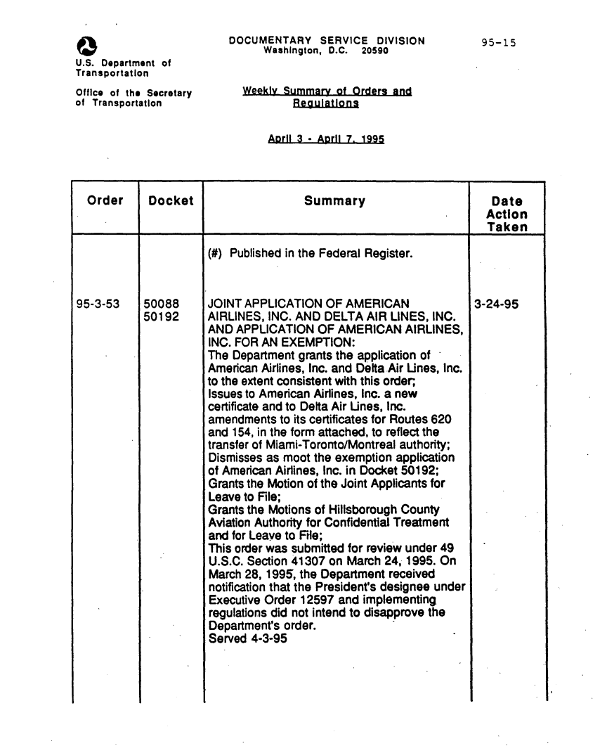 handle is hein.usfed/dotod0470 and id is 1 raw text is: 
                         DOCUMENTARY SERVICE DIVISION              95-15
                               Washington, D.C. 20590
U.S. Department of
Transportation
Office of the Secretary     Weekly Summary of Orders and
of Transportation                   Reguli

                                Anril 3 - Agril 7. 1995


  Order     Docket                    Summary                        Date
                                                                    Action
                                                                    Taken

                      (#) Published in the Federal Register.


95-3-53    50088      JOINT APPLICATION OF AMERICAN               3-24-95
           50192      AIRLINES, INC. AND DELTA AIR UNES, INC.
                      AND APPLICATION OF AMERICAN AIRLINES,
                      INC. FOR AN EXEMPTION:
                      The Department grants the application of
                      American Airlines, Inc. and Delta Air Lines, Inc.
                      to the extent consistent with this order;,
                      Issues to American Airlines, Inc. a new
                      certificate and to Delta Air Unes, Inc.
                      amendments to its certificates for Routes 620
                      and 154, in the form attached, to reflect the
                      transfer of Miami-Toronto/Montreal authority;
                      Dismisses as moot the exemption application
                      of American Airlines, Inc. in Docket 50192;
                      Grants the Motion of the Joint Applicants for
                      Leave to File;
                      Grants the Motions of Hillsborough County
                      Aviation Authority for Confidential Treatment
                      and for Leave to Fle;
                      This order was submitted for review under 49
                      U.S.C. Section 41307 on March 24, 1995. On
                      March 28, 1995, the Department received
                      notification that the President's designee under
                      Executive Order 12597 and implementing
                      regulations did not intend to disapprove the
                      Department's order.
                      Served 4-3-95


