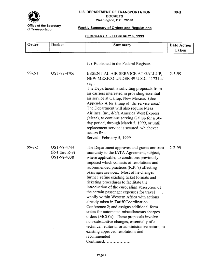 handle is hein.usfed/dotod0516 and id is 1 raw text is: 




Office of the Secretary
of Transportation


U.S. DEPARTMENT OF TRANSPORTATION
               DOCKETS
          Washington, D.C. 20590

Weekly Summary of Orders and Regulations

    FEBRUARY 1 - FEBRUARY 5. 1999


Order        Docket                           Summary                       Date Action
                                                                              Taken


OST-98-4706
















OST-98-4744
(R-1 thru R-9)
OST-98-4338


99-2-1
















99-2-2


Page 1


99-5


(#) Published in the Federal Register.

ESSENTIAL AIR SERVICE AT GALLUP,
NEW MEXICO UNDER 49 U.S.C. 41731 et
seq.:
The Department is soliciting proposals from
air carriers interested in providing essential
air service at Gallup, New Mexico. (See
Appendix A for a map of the service area.)
The Department will also require Mesa
Airlines, Inc., d/b/a America West Express
(Mesa), to continue serving Gallup for a 30-
day period, through March 5, 1999, or until
replacement service is secured, whichever
occurs first.
Served: February 5, 1999

The Department approves and grants antitrust
immunity to the IATA Agreement, subject,
where applicable, to conditions previously
imposed which consists of resolutions and
recommended practices (R.P.'s) affecting
passenger services. Most of he changes
further refine existing ticket formats and
ticketing procedures to facilitate the
introduction of the euro; align absorption of
the certain passenger expenses for travel
wholly within Western Africa with actions
already taken in Tariff Coordination
Conference 2; and assigns additional form
codes for automated miscellaneous charges
orders (MCO's). These proposals involve
non-substantive changes, essentially of a
technical, editorial or administrative nature, to
existing approved resolutions and
recommended
Continued ....................


2-5-99
















2-2-99


