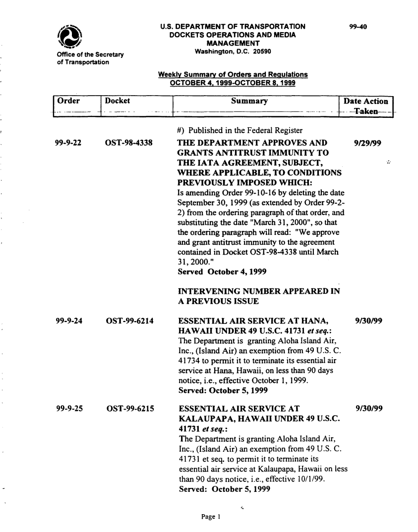 handle is hein.usfed/dotod0524 and id is 1 raw text is: 




Office of the Secretary
of Transportation


U.S. DEPARTMENT OF TRANSPORTATION
   DOCKETS OPERATIONS AND MEDIA
           MANAGEMENT
         Washington, D.C. 20590

Weekly Summary of Orders and Regulations
   OCTOBER 4.1999-OCTOBER 8. 1999


Order      Docket                        Summary                   Date Action


OST-98-4338


OST-99-6214









OST-99-6215


99-9-22


Page I


99-40


#) Published in the Federal Register
THE DEPARTMENT APPROVES AND
GRANTS ANTITRUST IMMUNITY TO
THE IATA AGREEMENT, SUBJECT,
WHERE APPLICABLE, TO CONDITIONS
PREVIOUSLY IMPOSED WHICH:
Is amending Order 99-10-16 by deleting the date
September 30, 1999 (as extended by Order 99-2-
2) from the ordering paragraph of that order, and
substituting the date March 31, 2000, so that
the ordering paragraph will read: We approve
and grant antitrust immunity to the agreement
contained in Docket OST-98-4338 until March
31, 2000.
Served October 4, 1999

INTERVENING NUMBER APPEARED IN
A PREVIOUS ISSUE

ESSENTIAL AIR SERVICE AT HANA,
HAWAII UNDER 49 U.S.C. 41731 etseq.:
The Department is granting Aloha Island Air,
Inc., (Island Air) an exemption from 49 U.S. C.
41734 to permit it to terminate its essential air
service at Hana, Hawaii, on less than 90 days
notice, i.e., effective October 1, 1999.
Served: October 5, 1999

ESSENTIAL AIR SERVICE AT
KALAUPAPA, HAWAII UNDER 49 U.S.C.
41731 et seq.:
The Department is granting Aloha Island Air,
Inc., (Island Air) an exemption from 49 U.S. C.
41731 et seq. to permit it to terminate its
essential air service at Kalaupapa, Hawaii on less
than 90 days notice, i.e., effective 10/1/99.
Served: October 5, 1999


99-9-24









99-9-25


9/29/99


9/30/99









9/30/99


