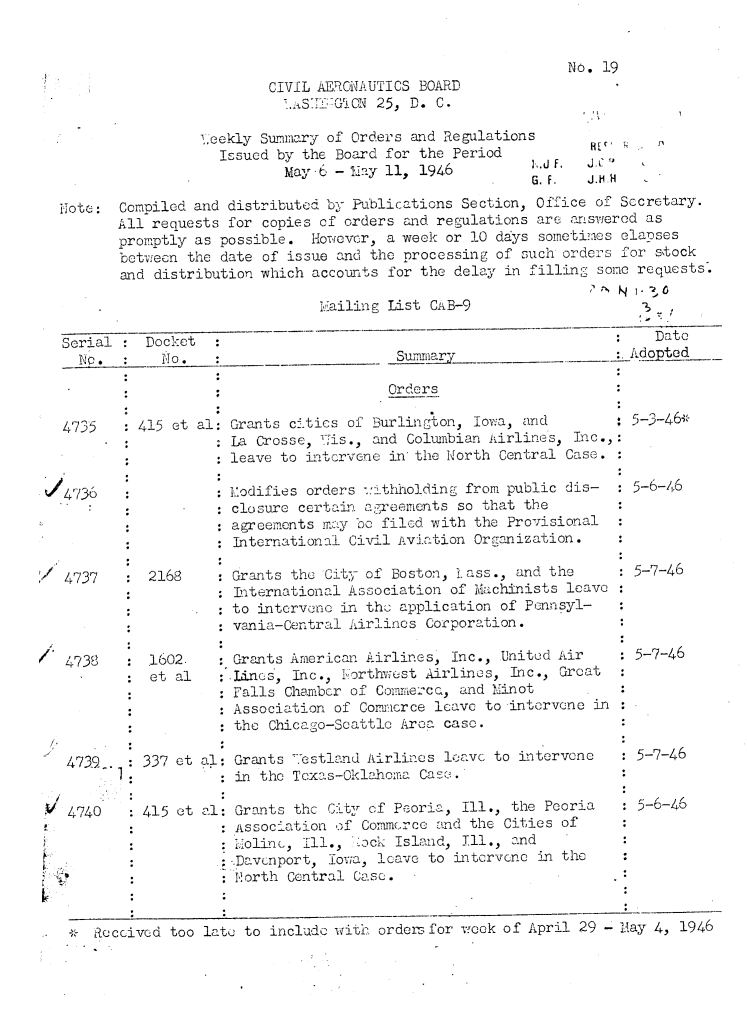 handle is hein.usfed/dotod0706 and id is 1 raw text is: 


                                                                 No. 19
                            CIVIL AERONAUTICS BOARD
                               ..SIT G10N 25, D. C.

                    Leekly Summary of Orders  and Regulations
                      Issued by the Board for  the Period
                              May6  - May 11,  1946             .
                                                            6. F.  J.1H41

  Note:   Compiled and distributed b- Publications  Section, Office of Secretary.
          All requests for copies of orders  and regulations are answrered as
          promptly as possible.  However,  a week or 10 days sometimes elapses
          between the date of issue and the  processing of such orders for stock
          and distribution which accounts  for the delay in filling some requests.

                                  . Mailing List CAB-9                    -

   Serial    Docket                                                        Date
     No.   :   110.   :                     Summary                    :.Adopted

                                           Orders

   4735     415 et al:  Grants citics of Burlington, Iowa, and         : 5-3-46*
                        S: La Crosse, 7is., and Columbian Airlines, Tnc.,:
                        leave to intervene in the North Central Case.  :

    4736   ::             difies orders ;:thholding from public dis-   : 5-6-46
                        closure certain agreements so that the
                        agreements may be filed with the Provisional
                        International Civil Aviation Organization.

   4737      2168     * Grants the City of Boston, Lass., and the      : 5-7-46
                        International Association of Machinists  leave
                        to intervene in the application of Pennsyl-
                        vania-Central  irlinos Corporation.

S4738      * 1602.    * Grants American Airlines, Inc.,  United Air    : 5-7-46
           :  et al   : Lines, Inc., Nvorthwest Airlines, Inc., Great
                        Falls Chamber of Comme cQ,  and Minot
                        Association of Commerce leave  to intervene in
                        the Chicago-Seattle Aro   case.

   4739 -.   337 et al: Grants 7estland Airlines  leave to intervene   : 5-7-46
                        in the Texas-Oklahoma  Case.

    4740   : 415 et al: Grants the City of Peoria,  Ill., the Peoria     5-6-46
                        : ssociation of Commerce and the Cities of
                      :  ioline, Ill., ack  Island, Ill., and
                        .Davenport, Iowa, leave to intervene in the
                        11orth Central Case.


       Received too late to include with  ordern for vook of April 29 - May 4, 1946


