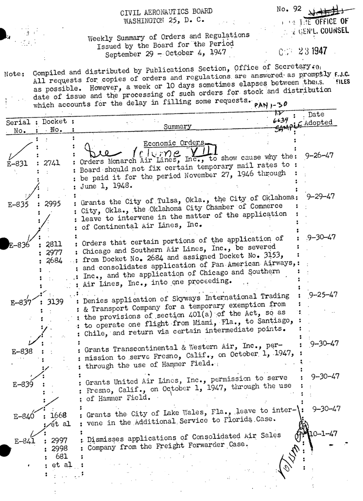 handle is hein.usfed/dotod0714 and id is 1 raw text is:         CIVIL AERONAUTICS BOARD
        WASHINGTON  25, D. C.

Weekly Summary of Orders and Regulations
  Issued by the Board for the Period
    September  29 -.October 4, 1947


No. 92
    SI'E  OFFICE OF
    v;EN'L. COUNSEL

 C.; 231947


Note.: Compiled and distributed by publications Section, office o f Se cretari'Yzo.
       All requ~ests for copies of orders and regulations. are answered'as promptly F.J.C.
       as possible.  Howevers a week  or 10 days sometimes elapses -between .thas, FILES
       date of issue and the. processing of such orders for. stock and distribution
       which  accounts for the delay in filling some reuss.

Serial   D Iocket                                                           Dat
  No.   :   No.  :Summar                                                  -Adopted


E-831


2741,


E-835 2   995




E836/.-8l
         : 477
         : 684




 E-8377   3139



     E-838


 E-839


E-840   : 1668
         et al

E-841   : 2997
        : 2998
           681
        :et  al


                Economic Order

Ords    onarch A                   show cause why the:
Board should not fix certain temporary mail rates to  :
be paid it for the period November 27, 1946 through   :
June 1, 1948.

Grants the City of.Tulsa, Okla., the Ci y Of  Oklahoma:
City, Okla., ,the Oklahoma City Chamber of Comerce
leave to intervene in the matter  of the application
of Continental Air  Lines, Inc.


S.


Orders that certain portions of the application of
Chicago and Southern Air Lines, Inc., be severed
from Docket No. 2684 and assigned Docket No. 3153,
and consolidates application of .Pan.American Airways,
Inc., and the application of Chicago and Southern
Air Lines, Inc.,. into Qne proceeding.

Denies application of  Skyways International Trading
& Transport Company  for a temporary exemption from
the provisions  of .section 401(a) :of the Act, so as
to  operate one flight-from Miami, Fla., to Santiago,
Chile,  and return via certain intermediate points.

Grants  Transcontinental & Western Air, Inc., per-
mission  to .serve Fresno, Calif., on October.1, .1947,
through  the use of Hagmer Field.

Grants  United Air Lines, Inc., permission to serve
Fresno,  Calif., on October 1, 1947, through the use
of  Hammer Field.


9-26-47




9-29-47




.9-30-47






9-25-47





9-30-47



9-30-47


Grants the City of Lake Wales, Fla., leave to inter-  : 9-30-47
vene in the AdditionalService  to Florida.Case:

Dismisses applications of Consolidated Air Sales        .0-1-47
Company from the Freight Forwarder.Case.
                                            . * :


:


.
:



