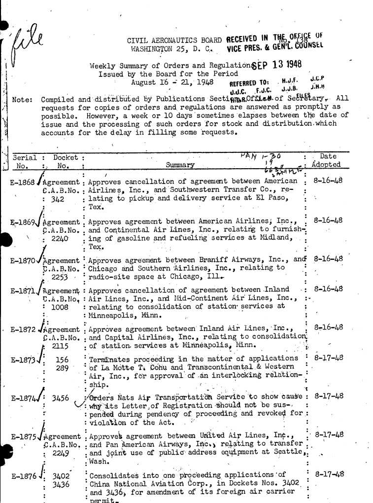 handle is hein.usfed/dotod0721 and id is 1 raw text is: 










Note:


            Weekly Summary of Orders and RegulationSEP  13  1948
              Issued by the Board for the Period
                      August 16 - 21, 1948 flEfERRED TO!  - *
                                              ' JAJ.C. F.J.C. J-J*B
Compiled and distributed by Publications SectighR.Ofti&d.of Seitlary,   All
requests for copies of orders and.regulations are answered as promptly as
possible.  However, a week or 10 days'sometimes elapses between the date of
issue and the processing of such orders for stock and distribution.which
accounts for the delay in filling some requests.


Serial :  Docket :               .y ;-36                               :   Date
No.    :-  No.                       Summary  _.       .               : Adopted


E-1868 Agreement
        C.A.B.No.
          342


1869]4greement
        P.A.B.No.
        I: 2240


E-1870 igreement
        .A. B. No.
          2253
E-l87iAhgreemen
         0.A.B.No,
         1008


*E-1872 A


E-1873



E-1874/


    :                                            V
Approves cancellation of agreement between American
Airlines, Inc., and Southwestern Transfer Co., re-
lating to pickup and delivery service at El Paso,
Tex.                                                 :

Approves agreement between American Airlines; Inc.,
and Continental Air Lines, Inc., relating to furnish-:
ing of gasoline and refueling services at Midland,
Tex,


Approves  agrem ent between Braniff Airways, Inc., a
Chicago  and Southern Airlines, Inc., relating to
radio-site  space at Chicago, Ill.
Approves  cancellation of agreement between Inland
Air  Lines, Inc., and Hid-Continent Air Lines, Inc.,
: relating to consolidation of station-services at
:Minneapolis, Minn.


reement .Approves agreement between Inland Air Lines,'Inc.,
A.B.No. .and Capital Airlines, Inc., relating to consolidatiom,
2115     of station. services at Minneapolis, Minn.
156      Terminates proceeding in the matter of applications
289      of La Motte T  cohu and Transcontinental.& Western
         Air, Inc., f r approval' of dn interlbking relation-i
         ship.
3456     kbrders Nats Air Transportati'h Servibe to show baube
      /:.why'Its Letter of Registrationihould  not be sus-,
        :pended during pendency of proceeding and revokeq for.:
        :violation of the Act.  


E-18751  greement
        PC.A.B.No.
          2249


E-1876


3402
3436


8-16-48


8-16-48




8-16-48


8-16-48


8-17-48


.Approve  agreement between United Air Lines, Int.,     8-17-48
.and Pan American Airways, Itmc. r4  ting to transfer .
.and j9in6 use of public address equipment at Seattle,
.Wash.


Consolidates into one p'odeeding applications'of
China National Aviation Corp., in Dockets Nos. 3402
and 3436  for amendment of' its foreign air carrier
nermit-


8-17-48


CIVIL AERONAUTICS BOARD RECEIVED IN TC O0f  E Of
WASHINGTON  25, D. C,.  VICE PRES. & GEN'. COUNSEL


*
:-
*


