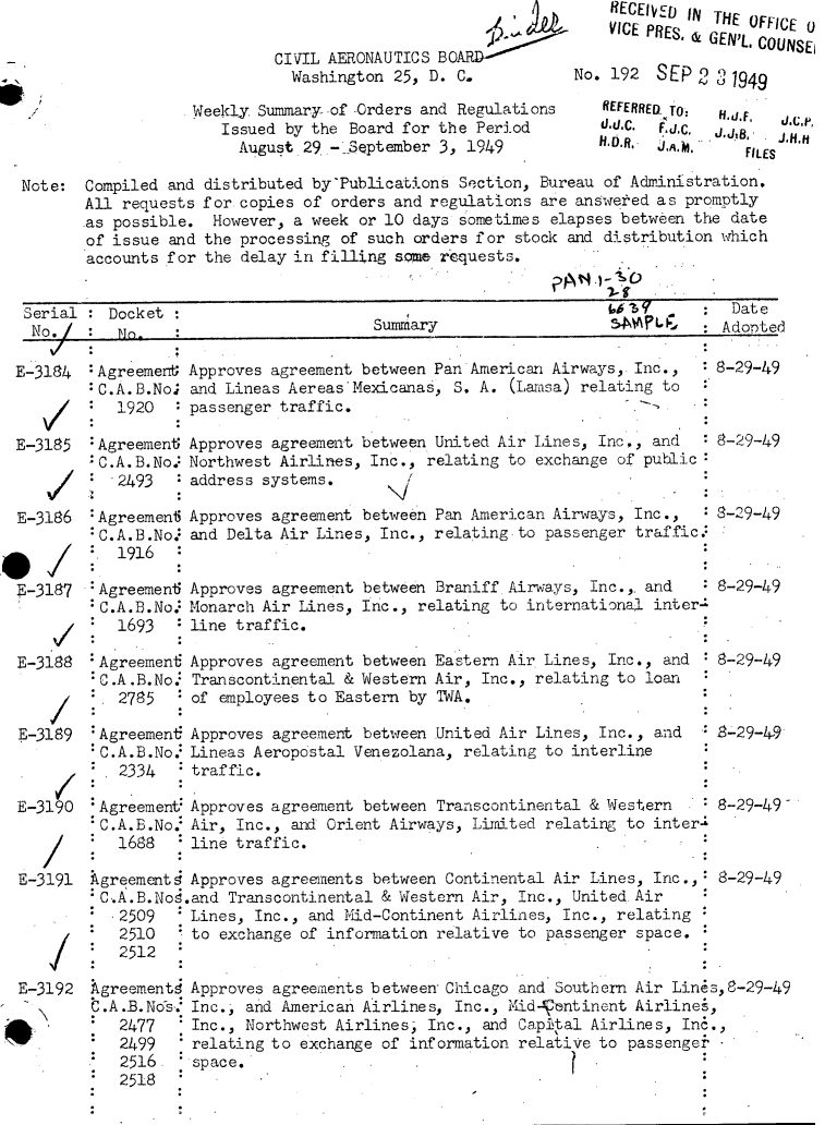handle is hein.usfed/dotod0730 and id is 1 raw text is: 

         CIVIL AERONAUTICS BD
           Washington 25, D. C.

Weekly Summary-of -Orders and Regulations
   Issued by the Board for the Period
     August 29.-September  3, 1949


RECEIED  IN
VICE PIRES, 61


Note:  Compiled and
       All requests
       as possible.
       of issue and
       accounts for


Docket


Agreement;
C. A. B.No!
  1920

Agreement;
C.A.B.No.:
  2493

Agreement;
C.A.B.No.:
  1916

Agreement;
C.A.B.No.
  1693

Agreement
C.A.B.No.:
  2785

Agreementi
C.A.B.No.:
:2334

Agreement
C.A.B.No.:
  1688


No. 192  SEP  2 3 1949


fiEFERREal TO.
U.D.c. -d' C.


H-. F,
.J.4 JtB,
    FILES


distributed by'Publications Section, Bureau of Administration.
for copies of orders and regulations are answef'ed as promptly
However,  a week or 10 days sometimes elapses between the date
the processing of such orders for stock and distribution which
the delay in filling some requests.


                                    3  Date
Summary                             :444 PL * Adopted


Approves agreement between Pan American Airways, Inc.,
and Lineas Aereas Mexicanas, S. A. (Lamsa) relating to
passenger traffic.

Approves agreement between United Air Lines, Inc,  and
Northwest Airlines, Inc., relating to exchange of public
address systems.


8-29-49



8-29-49


Serial
  No.

E-3184


   V/
E-3185



E-3186



E-3187


    1
E-3188


    /
E-3189



E-3190



E-3191





E-3192


Agreements Approves agreements between Continental Air Lines, Inc.,
C.A.B.Nod.and  Transcontinental & Western Air, Inc., United Air
  .2509    Lines, Inc., and Mid-Continent Airlines, Inc., relating
  2510     to exchange of information relative to passenger space.
  2512


Agreementg
C.A.B. Nos.
   2477
   2499
   2516.
   2518


8-29-49


Approves agreements between Chicago and Southern Air Linds,8-29-49
Inc., and American Airlines, Inc., Mid-Ventinent Airlines,
Inc., Northwest Airlines; Inc., and Capital Airlines, Inc.,
relating to exchange of information relatiVe to passenger-
space.           .  


THE OFFICE U
GEN'L. COUNSE


Approves agreement between Pan American Airways, Inc.,    8-29-49
and Delta Air Lines, Inc., relating to passenger traffic.


Approves agreement between Braniff Airways, Inc.,, and    8-29-49
Monarch Air Lines, Inc., relating to international inter-
line traffic.

Approves agreement between Eastern Air. Lines, Inc., and  8-29-49
Transcontinental & Western Air, Inc., relating to loan
of employees to Eastern by TWA.

Approves agreement between United Air Lines, Inc., and    8-29-4,9
Lineas Aeropostal Venezolana, relating to interline
traffic.

Approves agreement between Transcontinental & Western     8-29-49
Air, Inc., and Orient Airways, Limited relating to inter
line traffic.


