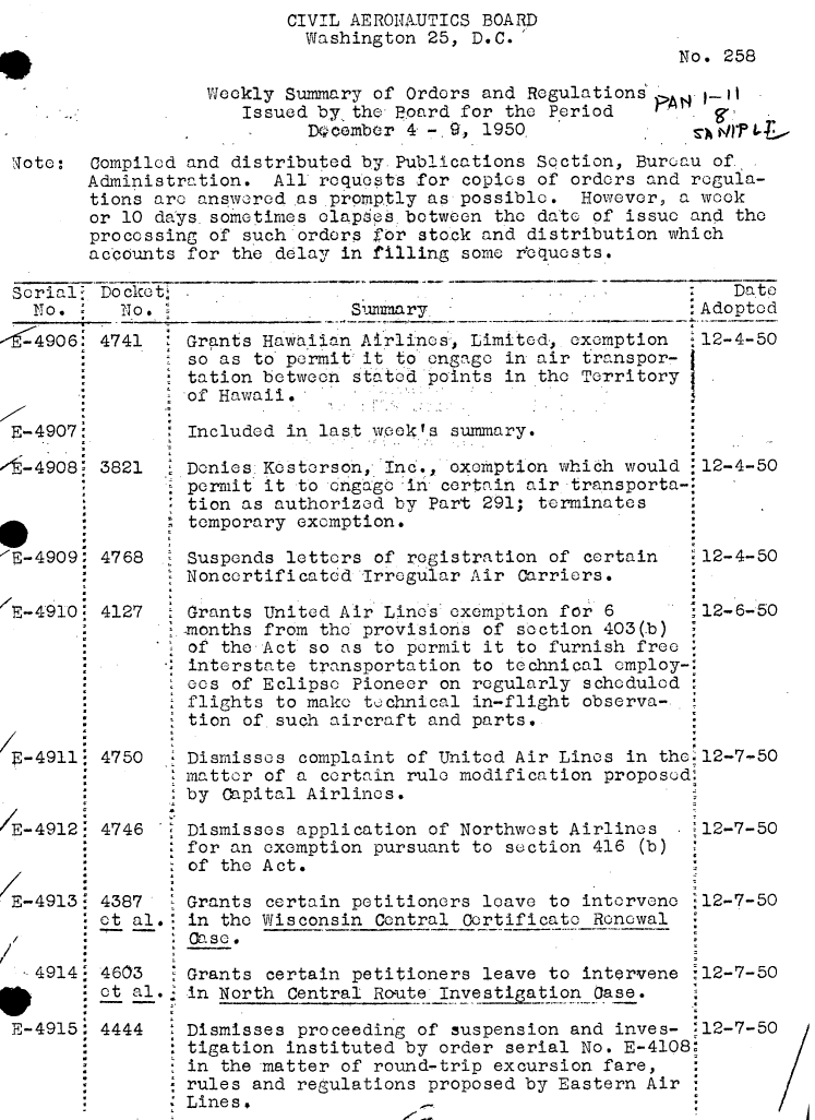 handle is hein.usfed/dotod0741 and id is 1 raw text is:                         CIVIL AERONAUTICS BOARD
                          Washington 25, D.C.
                                                          No. 258

                  Wekly Summary of Orders and Regulations     No. 2
                     Issued by the Board for the Period      A   H
                          Dcembor  4 -.9, 1950,
 gote:  Compiled and distributed by Publications Soction, Burcau of.
       Administration. All roquosts for copics of orders and regula-
       tions arc answored .as .promptly as possible. However, a wook
       or 10 days. sometimes elapses botwoon the date of issue and the
       processing of such orders for stock and distribution which
       accounts for the delay in filling some r'cquosts.

 Serial  DocketDate
   No.    No.                 Summary                       Adopted
-f4906:  4741   Grants Hawaiian Airlines, Limited, exemption     12-4-50
                so as to' pe rmi t: it' to' engage in, air transpor-
                tation between stated poit inthTrritory
                ofHawaii.

 E-4907:        Included in last weks summary.

 ,-4908: 3821  Denies Kostorson, Inc., oxemption which would .l2-4-50
                permit it to engage- ictn    aitrnspra
         *      tion as authorized by Part 291; terminates
                temporary exemption.

-F-4909: 4768   Suspends letters of registration of certain    .12-4-50
                Noncertificato'd Irregular Air Carriers.

E-4910i 4127   Grants United Air Lines exemption for 6     12-6-50
                -months from the provisions of section 403(b)
                of the Act so as to permit it to furnish free
                interstate transportation to technical employ-:.
                ees of Eclipse Pioneer on regularly scheduled
                flights to make t)chnical in-flight observa-.
         *     j tion of. such aircraft and parts,

 /-4911  4750   Dismisses complaint of United Air Lines in thc 12-7-50
                ma-tter of a certain rule modification proposod:.
                by Capital Airlines.
 'E-4912 44
 /E41:4746      Dismisses application of Northwest Airlines     '12-7-50
                for an exemption pursuant to suction 416 (b)
         *      of the Act.

 E-4913: 4387   Grants certain petitioners leave to intervene :12-7-50
         et al.: in the Wisconsin Central Certificate Renewal
         ot  al..

   4914' 4603   Grants certain petitioners leave to intervene i12-7-50
         Ct al. in North Central RoDute Investiaon ease.

 G-4915: 4444   Dismisses proceeding of uspension and inves- 12-7-50
                tigation instituted by order serial No. E-4108
                in the matter of round-trip excursion fare,
                rules and regulations proposed by Eastern Air
                rLines. U


