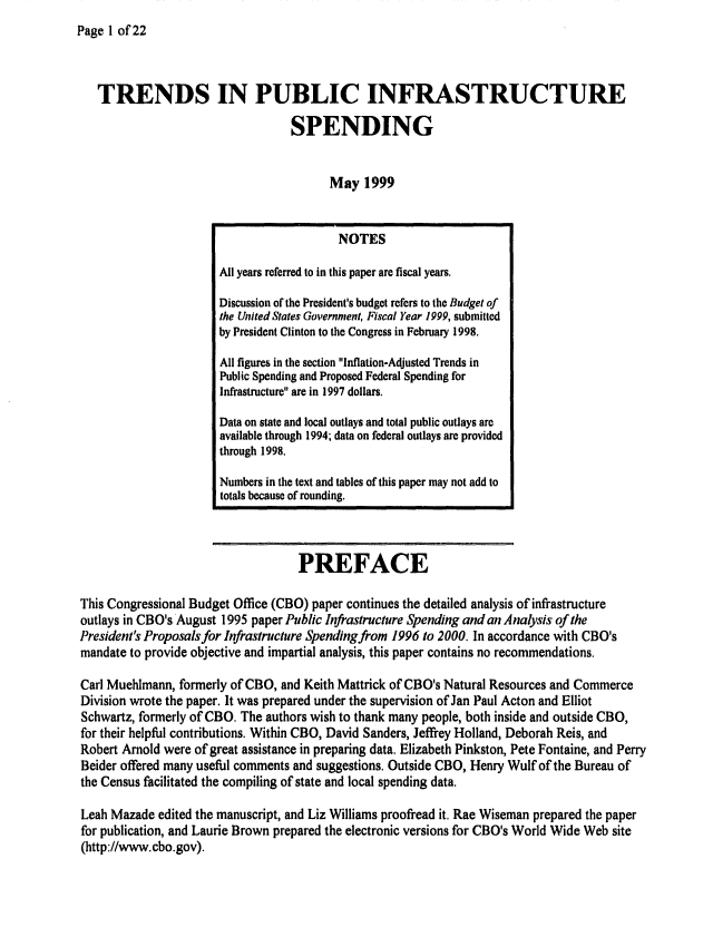 handle is hein.congrec/cbo06492 and id is 1 raw text is: 
Page 1 of 22


TRENDS IN PUBLIC INFRASTRUCTURE

                               SPENDING


                                     May 1999


                                   PREFACE

This Congressional Budget Office (CBO) paper continues the detailed analysis of infrastructure
outlays in CBO's August 1995 paper Public Infrastructure Spending and an Analysis of the
President's Proposals for Infrastructure Spending from 1996 to 2000. In accordance with CBO's
mandate to provide objective and impartial analysis, this paper contains no recommendations.

Carl Muehlmann, formerly of CBO, and Keith Mattrick of CBO's Natural Resources and Commerce
Division wrote the paper. It was prepared under the supervision of Jan Paul Acton and Elliot
Schwartz, formerly of CBO. The authors wish to thank many people, both inside and outside CBO,
for their helpful contributions. Within CBO, David Sanders, Jeffrey Holland, Deborah Reis, and
Robert Arnold were of great assistance in preparing data. Elizabeth Pinkston, Pete Fontaine, and Perry
Beider offered many useful comments and suggestions. Outside CBO, Henry Wulf of the Bureau of
the Census facilitated the compiling of state and local spending data.

Leah Mazade edited the manuscript, and Liz Williams proofread it, Rae Wiseman prepared the paper
for publication, and Laurie Brown prepared the electronic versions for CBO's World Wide Web site
(http://www.cbo.gov).


                   NOTES

All years referred to in this paper are fiscal years.

Discussion of the President's budget refers to the Budget of
the United States Government, Fiscal Year 1999, submitted
by President Clinton to the Congress in February 1998.

All figures in the section Inflation-Adjusted Trends in
Public Spending and Proposed Federal Spending for
Infrastructure are in 1997 dollars.

Data on state and local outlays and total public outlays are
available through 1994; data on federal outlays are provided
through 1998.

Numbers in the text and tables of this paper may not add to
totals because of rounding.


