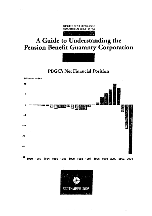 handle is hein.congrec/cbo0851 and id is 1 raw text is: 





                      CONGRESS OF TIIF UNIVID SWTS
                      CONGRESSIONAL BUDGET OFFICE



        A Guide to Understanding the

  Pension Benefit Guaranty Corporation





              PBGC's Net Financial Position

  BIllions of dollars
  10


  5


  o -m                                                 EmN


  -5


  -10


-15


-20


-25 1980 1982 1984 1986 1988 1990 1992 1994 1996 1998 2000 2002 2004


