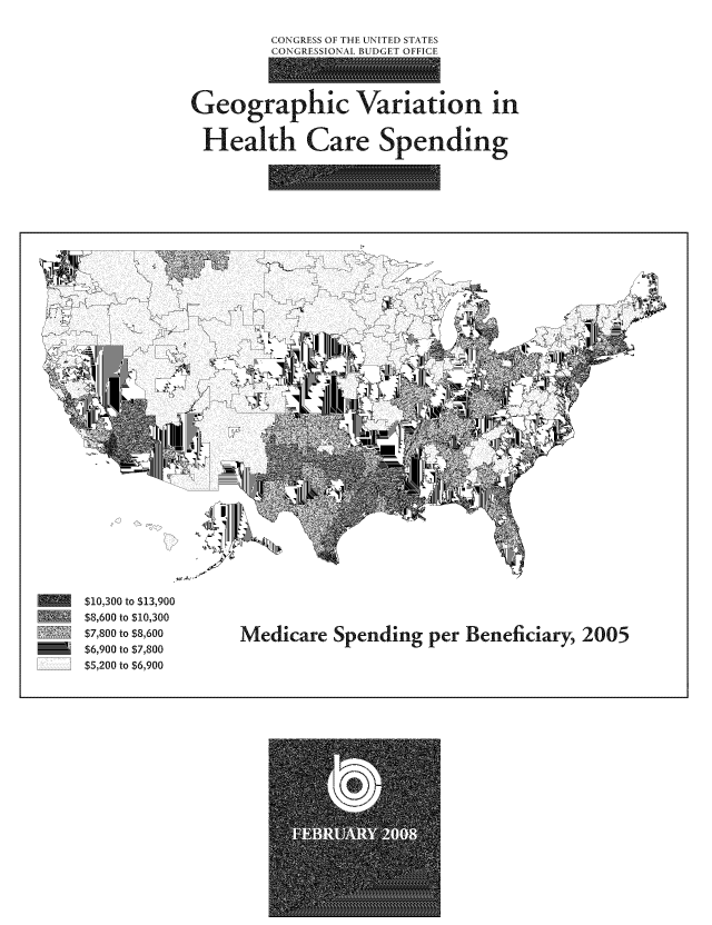 handle is hein.congrec/cbo1003 and id is 1 raw text is: CONGRESS OF THE UNITED STATES

Geographic Variation in
Health Care Spending

L'.

$10,300 to $13,900
$8,600 to $10,300
$7,800 to $8,600
$6,900 to $7,800
$5,200 to $6,900

Medicare Spending per Beneficiary 2005


