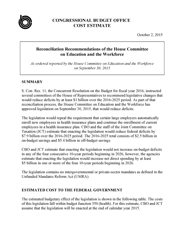 handle is hein.congrec/cbo2513 and id is 1 raw text is: CONGRESSIONAL BUDGET OFFICE
COST ESTIMATE
October 2, 2015
Reconciliation Recommendations of the House Committee
on Education and the Workforce
As ordered reported by the House Committee on Education and the Workforce
on September 30, 2015
SUMMARY
S. Con. Res. 11, the Concurrent Resolution on the Budget for fiscal year 2016, instructed
several committees of the House of Representatives to recommend legislative changes that
would reduce deficits by at least $1 billion over the 2016-2025 period. As part of that
reconciliation process, the House Committee on Education and the Workforce has
approved legislation on September 30, 2015, that would reduce deficits.
The legislation would repeal the requirement that certain large employers automatically
enroll new employees in health insurance plans and continue the enrollment of current
employees in a health insurance plan. CBO and the staff of the Joint Committee on
Taxation (JCT) estimate that enacting the legislation would reduce federal deficits by
$7.9 billion over the 2016-2025 period. The 2016-2025 total consists of $2.5 billion in
on-budget savings and $5.4 billion in off-budget savings.
CBO and JCT estimate that enacting the legislation would not increase on-budget deficits
in any of the four consecutive 10-year periods beginning in 2026; however, the agencies
estimate that enacting the legislation would increase net direct spending by at least
$5 billion in one or more of the four 10-year periods beginning in 2026.
The legislation contains no intergovernmental or private-sector mandates as defined in the
Unfunded Mandates Reform Act (UMRA).
ESTIMATED COST TO THE FEDERAL GOVERNMENT
The estimated budgetary effect of the legislation is shown in the following table. The costs
of this legislation fall within budget function 550 (health). For this estimate, CBO and JCT
assume that the legislation will be enacted at the end of calendar year 2015.


