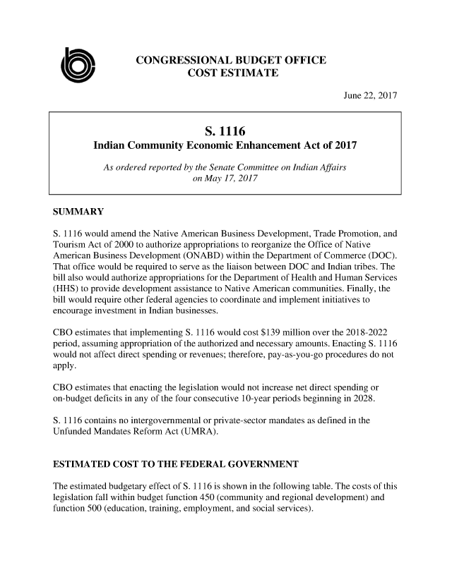 handle is hein.congrec/cbo3653 and id is 1 raw text is: 




                   CONGRESSIONAL BUDGET OFFICE
                              COST ESTIMATE

                                                                 June 22, 2017



                                  S. 1116
         Indian  Community Economic Enhancement Act of 2017

           As ordered reported by the Senate Committee on Indian Affairs
                               on May 17, 2017


SUMMARY

S. 1116 would amend the Native American Business Development, Trade Promotion, and
Tourism Act of 2000 to authorize appropriations to reorganize the Office of Native
American Business Development (ONABD)  within the Department of Commerce (DOC).
That office would be required to serve as the liaison between DOC and Indian tribes. The
bill also would authorize appropriations for the Department of Health and Human Services
(HHS) to provide development assistance to Native American communities. Finally, the
bill would require other federal agencies to coordinate and implement initiatives to
encourage investment in Indian businesses.

CBO  estimates that implementing S. 1116 would cost $139 million over the 2018-2022
period, assuming appropriation of the authorized and necessary amounts. Enacting S. 1116
would not affect direct spending or revenues; therefore, pay-as-you-go procedures do not
apply.

CBO  estimates that enacting the legislation would not increase net direct spending or
on-budget deficits in any of the four consecutive 10-year periods beginning in 2028.

S. 1116 contains no intergovernmental or private-sector mandates as defined in the
Unfunded Mandates Reform Act (UMRA).


ESTIMATED COST TO THE FEDERAL GOVERNMENT

The estimated budgetary effect of S. 1116 is shown in the following table. The costs of this
legislation fall within budget function 450 (community and regional development) and
function 500 (education, training, employment, and social services).


