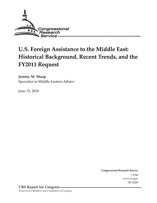 handle is hein.crs/crsmthaaasb0001 and id is 1 raw text is: a  Congressional
Research
Service
U.S. Foreign Assistance to the Middle East:
Historical Background, Recent Trends, and the
FY2011 Request
Jeremy M. Sharp
Specialist in Middle Eastern Affairs
June 15, 2010

Congressional Research Service
7-5700
www.crs.gov
RL32260
CRS Report for Congress
Prepared for Members and Committees of Congress


