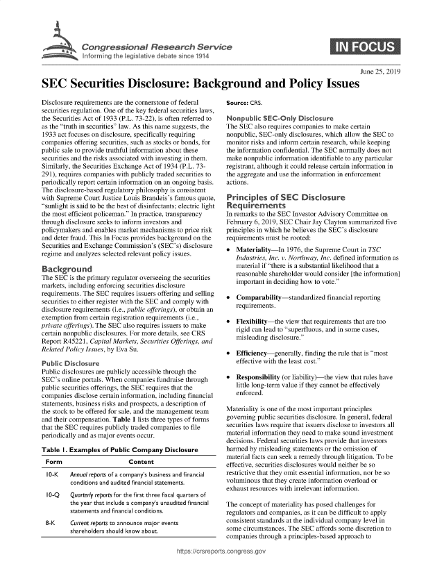 handle is hein.crs/govbaek0001 and id is 1 raw text is: 





Conresoa Reerhoevc


June 25, 2019


SEC Securities Disclosure: Background and Policy Issues


Disclosure requirements are the cornerstone of federal
securities regulation. One of the key federal securities laws,
the Securities Act of 1933 (P.L. 73-22), is often referred to
as the truth in securities law. As this name suggests, the
1933 act focuses on disclosure, specifically requiring
companies  offering securities, such as stocks or bonds, for
public sale to provide truthful information about these
securities and the risks associated with investing in them.
Similarly, the Securities Exchange Act of 1934 (P.L. 73-
291), requires companies with publicly traded securities to
periodically report certain information on an ongoing basis.
The disclosure-based regulatory philosophy is consistent
with Supreme  Court Justice Louis Brandeis's famous quote,
sunlight is said to be the best of disinfectants; electric light
the most efficient policeman. In practice, transparency
through disclosure seeks to inform investors and
policymakers and enables market mechanisms to price risk
and deter fraud. This In Focus provides background on the
Securities and Exchange Commission's (SEC's) disclosure
regime and analyzes selected relevant policy issues.

Background
The SEC  is the primary regulator overseeing the securities
markets, including enforcing securities disclosure
requirements. The SEC requires issuers offering and selling
securities to either register with the SEC and comply with
disclosure requirements (i.e., public offerings), or obtain an
exemption from certain registration requirements (i.e.,
private offerings). The SEC also requires issuers to make
certain nonpublic disclosures. For more details, see CRS
Report R4522 1, Capital Markets, Securities Offerings, and
Related Policy Issues, by Eva Su.

Public  Disclosure
Public disclosures are publicly accessible through the
SEC's  online portals. When companies fundraise through
public securities offerings, the SEC requires that the
companies  disclose certain information, including financial
statements, business risks and prospects, a description of
the stock to be offered for sale, and the management team
and their compensation. Table 1 lists three types of forms
that the SEC requires publicly traded companies to file
periodically and as major events occur.

Table  I. Examples of Public Company   Disclosure
  Form                      Content
  10-K   Annual reports of a company's business and financial
         conditions and audited financial statements.
  I0-Q   Quarterly reports for the first three fiscal quarters of
         the year that include a company's unaudited financial
         statements and financial conditions.
 8-K     Current reports to announce major events
         shareholders should know about.


Source: CRS.

Nonpublic   SEC-Only   Disclosure
The SEC  also requires companies to make certain
nonpublic, SEC-only disclosures, which allow the SEC to
monitor risks and inform certain research, while keeping
the information confidential. The SEC normally does not
make  nonpublic information identifiable to any particular
registrant, although it could release certain information in
the aggregate and use the information in enforcement
actions.

Principles of SEC Disclosure
Requirements
In remarks to the SEC Investor Advisory Committee on
February 6, 2019, SEC Chair Jay Clayton summarized five
principles in which he believes the SEC's disclosure
requirements must be rooted:
*  Materiality-In  1976, the Supreme Court in TSC
   Industries, Inc. v. Northway, Inc. defined information as
   material if there is a substantial likelihood that a
   reasonable shareholder would consider [the information]
   important in deciding how to vote.

*  Comparability-standardized   financial reporting
   requirements.

*  Flexibility-the view that requirements that are too
   rigid can lead to superfluous, and in some cases,
   misleading disclosure.

*  Efficiency-generally, finding the rule that is most
   effective with the least cost.

*  Responsibility (or liability)-the view that rules have
   little long-term value if they cannot be effectively
   enforced.

Materiality is one of the most important principles
governing public securities disclosure. In general, federal
securities laws require that issuers disclose to investors all
material information they need to make sound investment
decisions. Federal securities laws provide that investors
harmed by misleading statements or the omission of
material facts can seek a remedy through litigation. To be
effective, securities disclosures would neither be so
restrictive that they omit essential information, nor be so
voluminous that they create information overload or
exhaust resources with irrelevant information.

The concept of materiality has posed challenges for
regulators and companies, as it can be difficult to apply
consistent standards at the individual company level in
some circumstances. The SEC affords some discretion to
companies through a principles-based approach to


https:/crsreports.congress go


